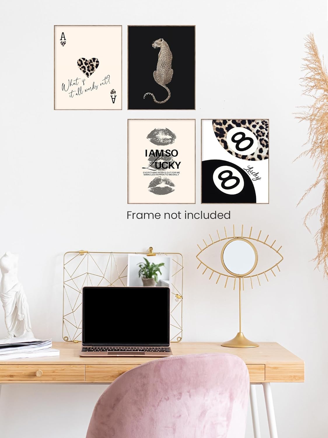 Trendy Leopard Print Lucky Girl 8 Ball Lips Cheetah Ace of Hearts Playing Card Wall Art Prints Set of 4, Funky Y2K Aesthetic Leopard Poster Wall Decor for Girls Room Dorm Apartment, 8x10 Unframed
