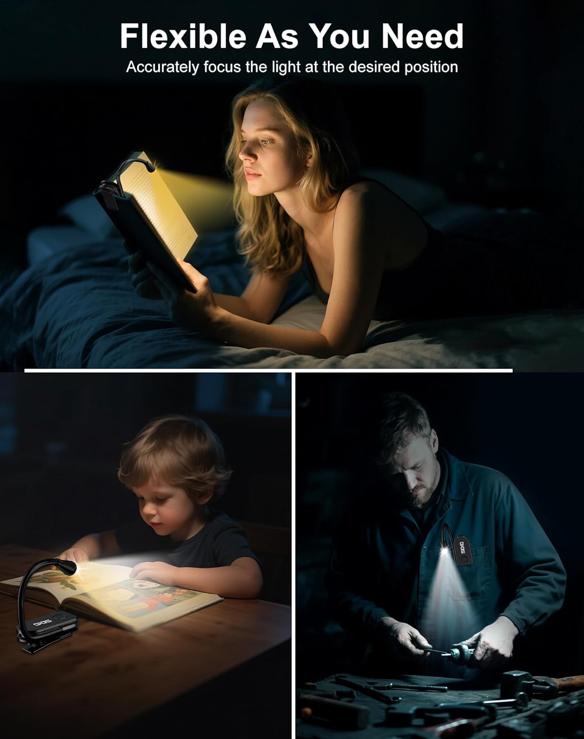 Extendable Book Lights for Reading at Night, Rechargeable Clip on LED Reading Light - 3 Color Temperatures with Stepless Dimming, 80 Hrs Runtime Lightweight Clip on Light for Book Lovers