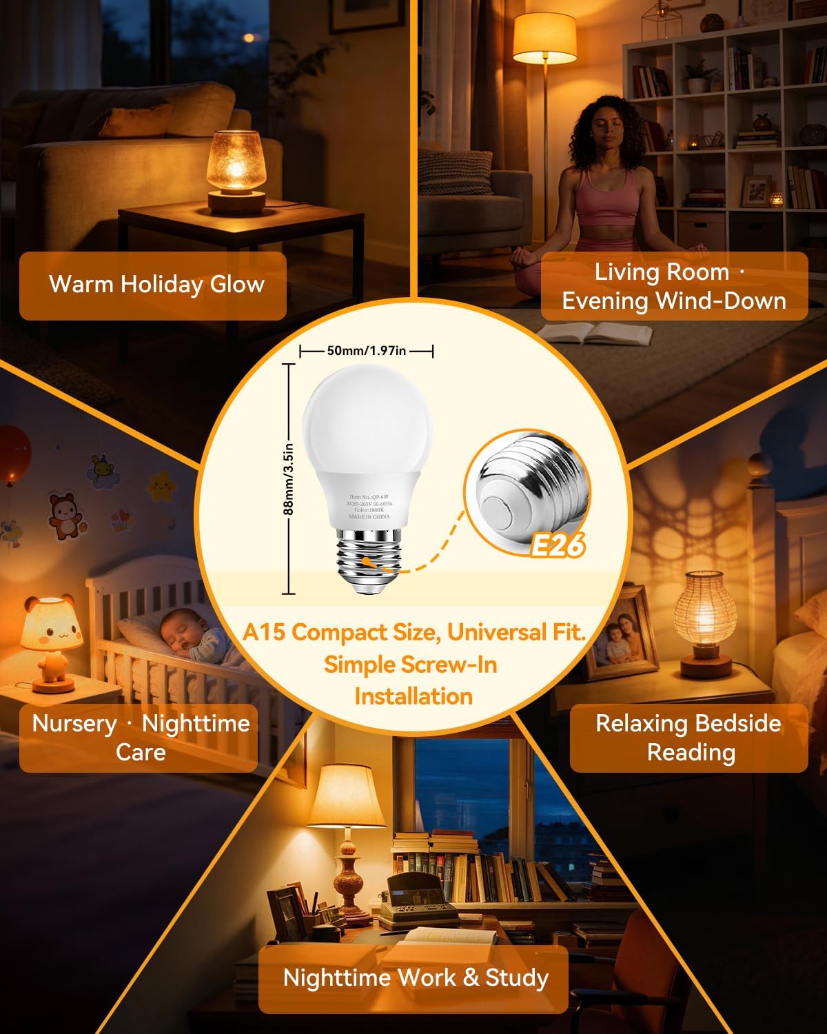 1800K Amber Sleep Light Bulbs, 99.96% Blue Light Blocking, A15 6W(40 Watt Equivalent) Soft Warm Light Bulbs, Eye-Caring Amber Soft Yellow Night Light E26 for Bedroom, Reading, Baby Nursery, 2 Packs