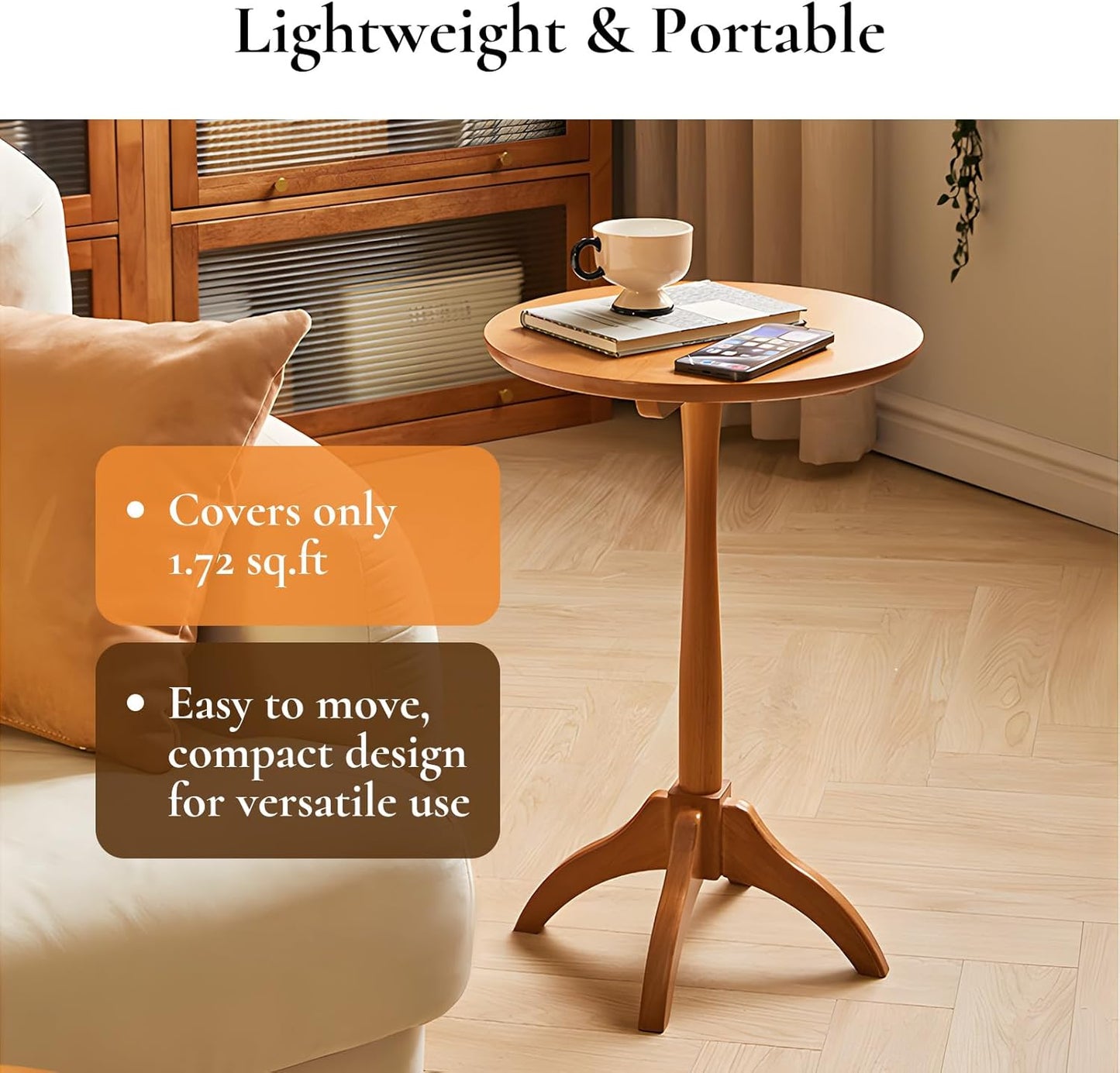 Small Round Side Table, Solid Wood End Table with Adjustable Height, Portable Accent Coffee Table, Nightstand,15.75" Dia.x 23.62" H,(Natural)