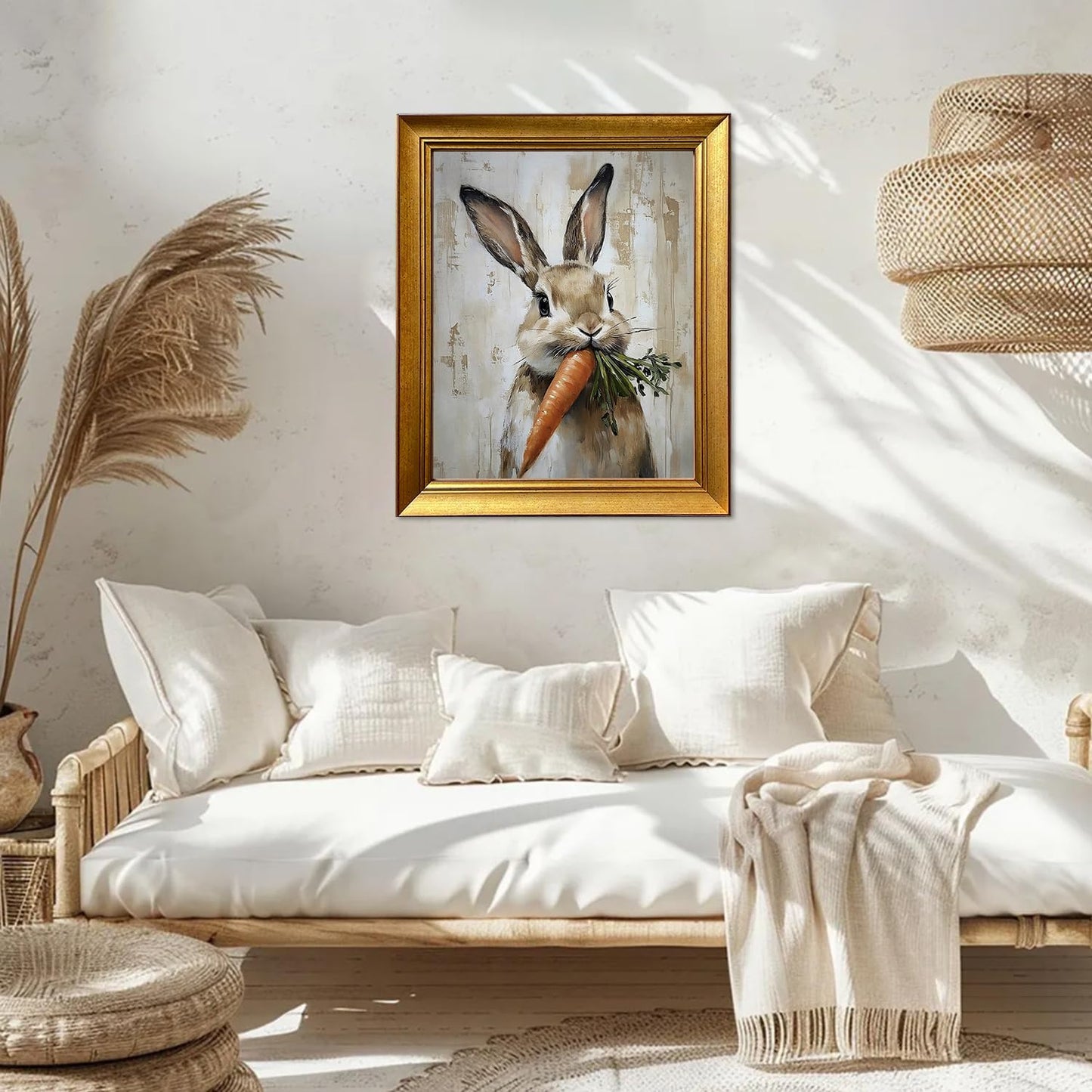 Cute Easter Bunny Reading Book Oil Painting Vintage Gold Framed Wall Art Tiny Rabbig Big Glasses Canvas Print Spring Nursery Decor for Kids Room Study Room Bedroom