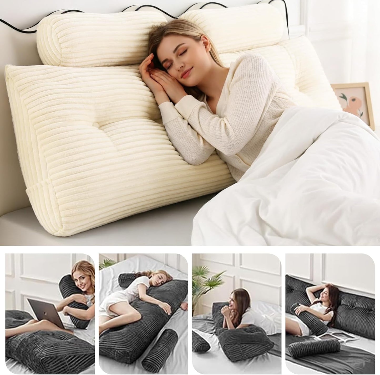 Headboard Pillow Queen - Adjustable Back Support Wedge Pillow for Sitting Up in Bed, Perfect for Reading. Includes Removable & Washable Cover,Beige(59x8x20 Inches)