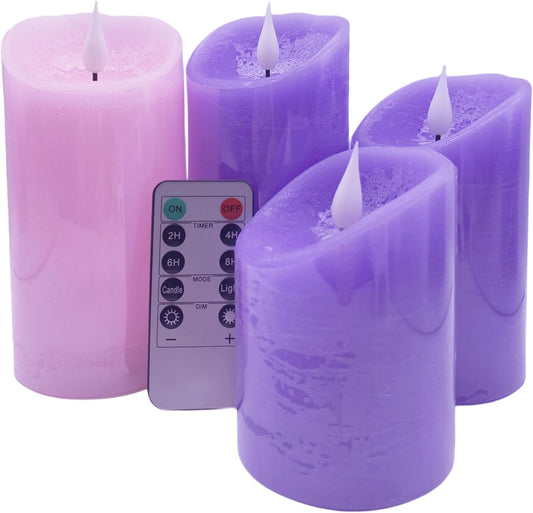 Adoria Advent Candles Battery Operated Set 4-Real Wax Pillar Candles 3pcs Purple and 1pc Pink w/Remote and Timer -Unscent, Realistic 3D Wick w/Patented- Brightness Control,Well for Home Decor.