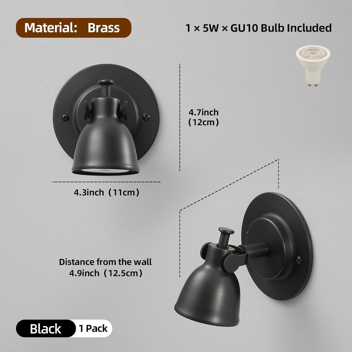 Black Small Wall Sconce Hardwired Single - Brass Matte Dimmable Indoor Bell Light Fixture for Bathroom Vanity Bedroom Bedside Reading Hallway Living Room Kitchen Gallery Hall Picture Lamp