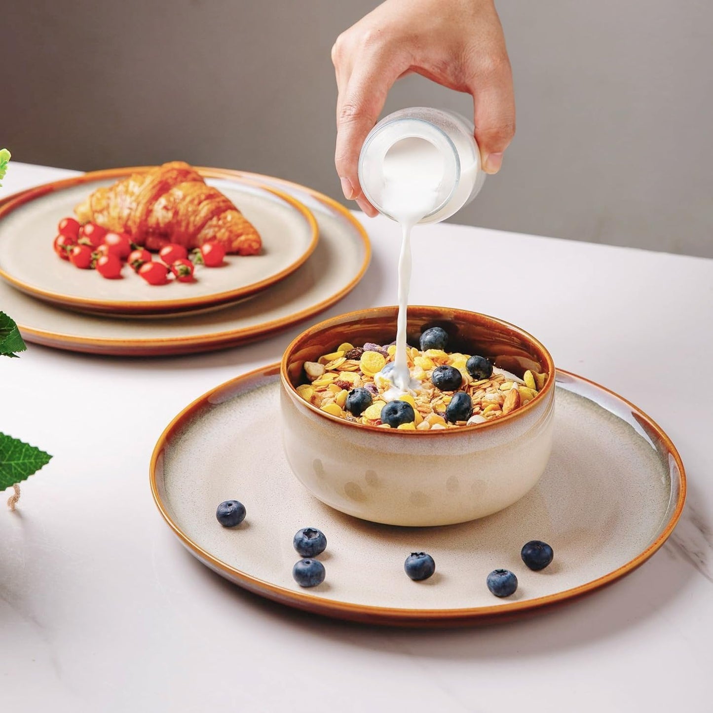 LeRatio Ceramic Dinnerware Sets for 4,12-Piece Plates and Bowls,Handmade Reactive Glaze Dishes Set,Chip Resistant and Scratch Resistant | Oven Dishwasher & Microwave Safe,Service for 4-Kahki