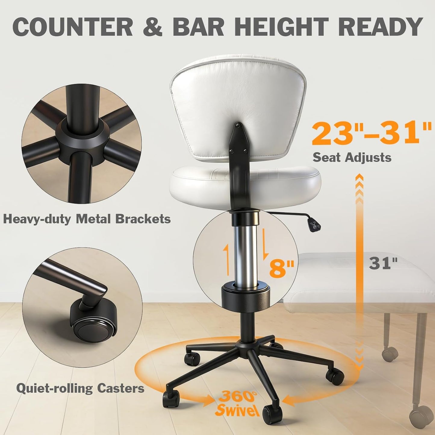 Meditation Chair with Footrest, 360° Swivel Height Adjustable Criss Cross Chair, White PU Padded Wide Seat, Home Office Desk Chair for Reading, Yoga, Peaceful Living