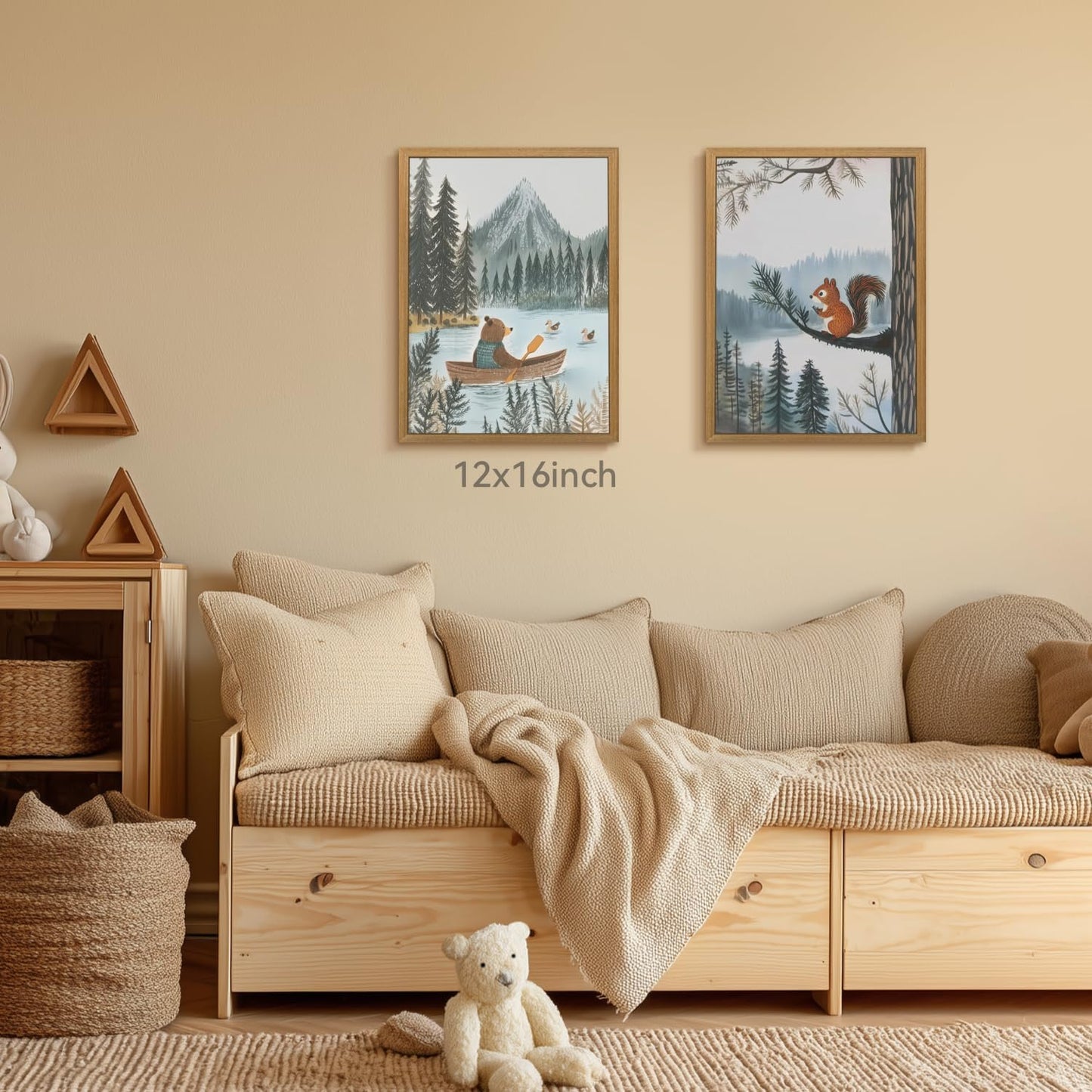 CAZLOUC Wood Framed Woodland Animal Nursery Wall Art Set of 3, Baby Boy Forest Adventure Wall Decor, Bear Owl Squirrel Art Print, Vintage Neutral Mountain Landscape Artwork for Kids Room 16x24 Inch