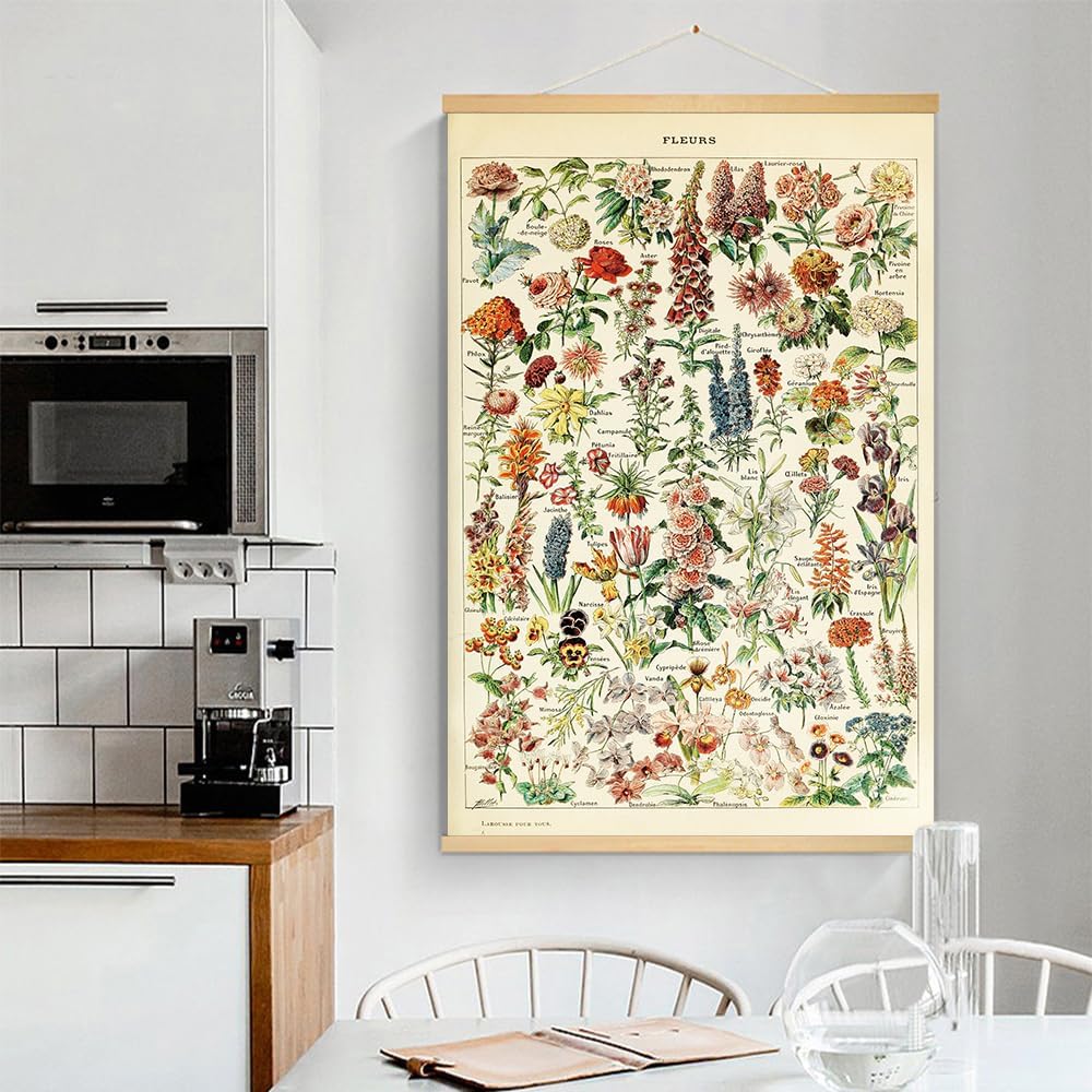 Vintage Flowers Poster Hanger Frame, Plant Floral Reference Chart Wall Decor Cottagecore Room Decor Aesthetic, Retro Style Wall Decor Art Painting Prints. (plant D, 18L x 12W)
