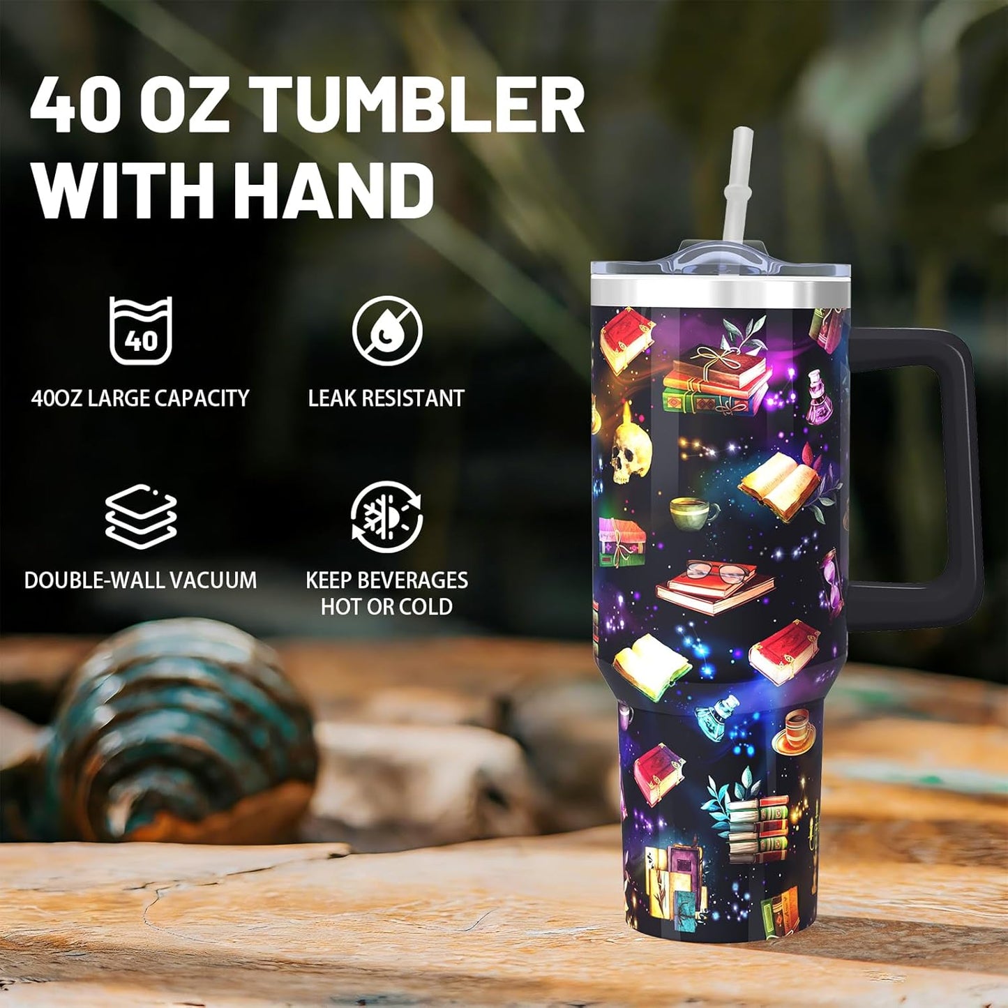 40oz Book Lover Tumbler With handle, Stainless Steel Leak Proof Travel Coffee Mug Cup Water Bottle Tumbler With Lid and Straw, Book Lovers Gifts for Men Women Birthday Christmas