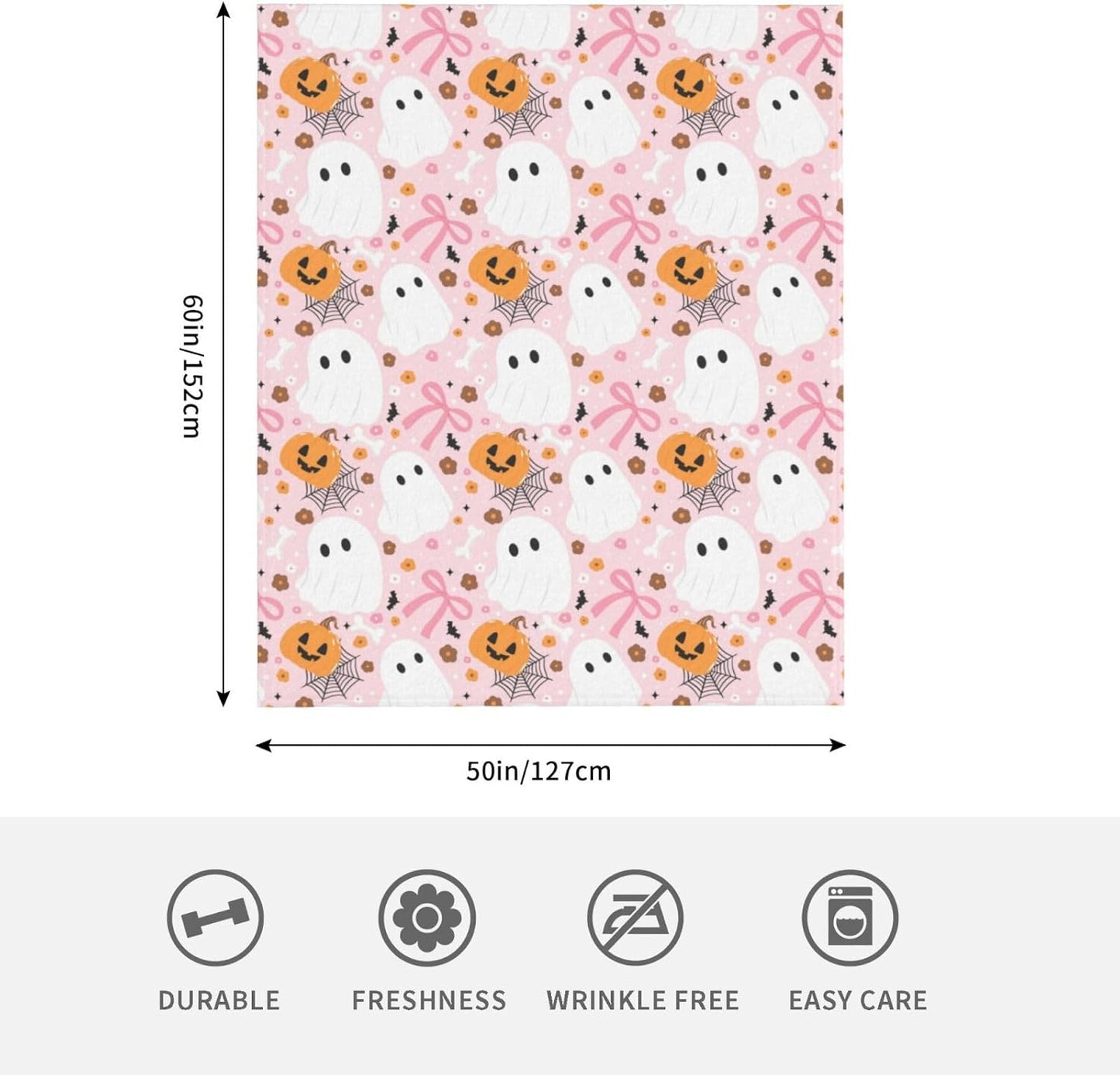 Halloween Pink Bow Ghost Throw Blanket,Halloween Flannel Blankets Throw,Soft Cozy Throw Blanket for Sofa Bed Living Room Holiday Party Decor,Throw Blankets for Women, Adults（50"x60"）