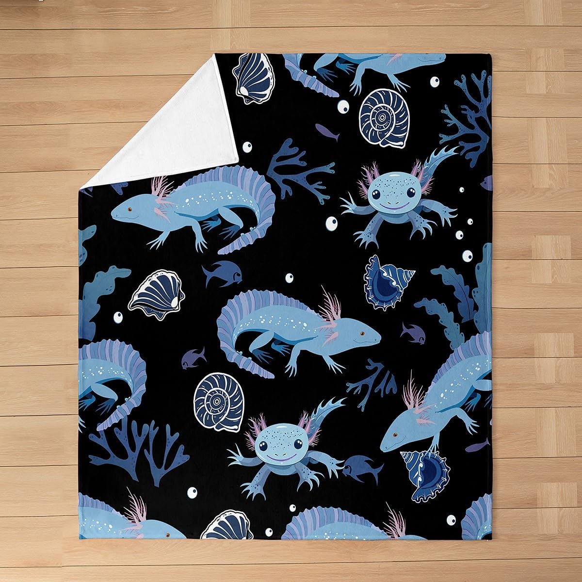 Cartoon Axolotl All Season Bed Blanket, Kawaii Axolotl Fleece Fuzzy Plush Blanket 3D Animals Flannel Throw Blanket, for Bed Sofa Couch Kids Salamander Black Blue Ultra Soft Room Decor Queen 90"x90"