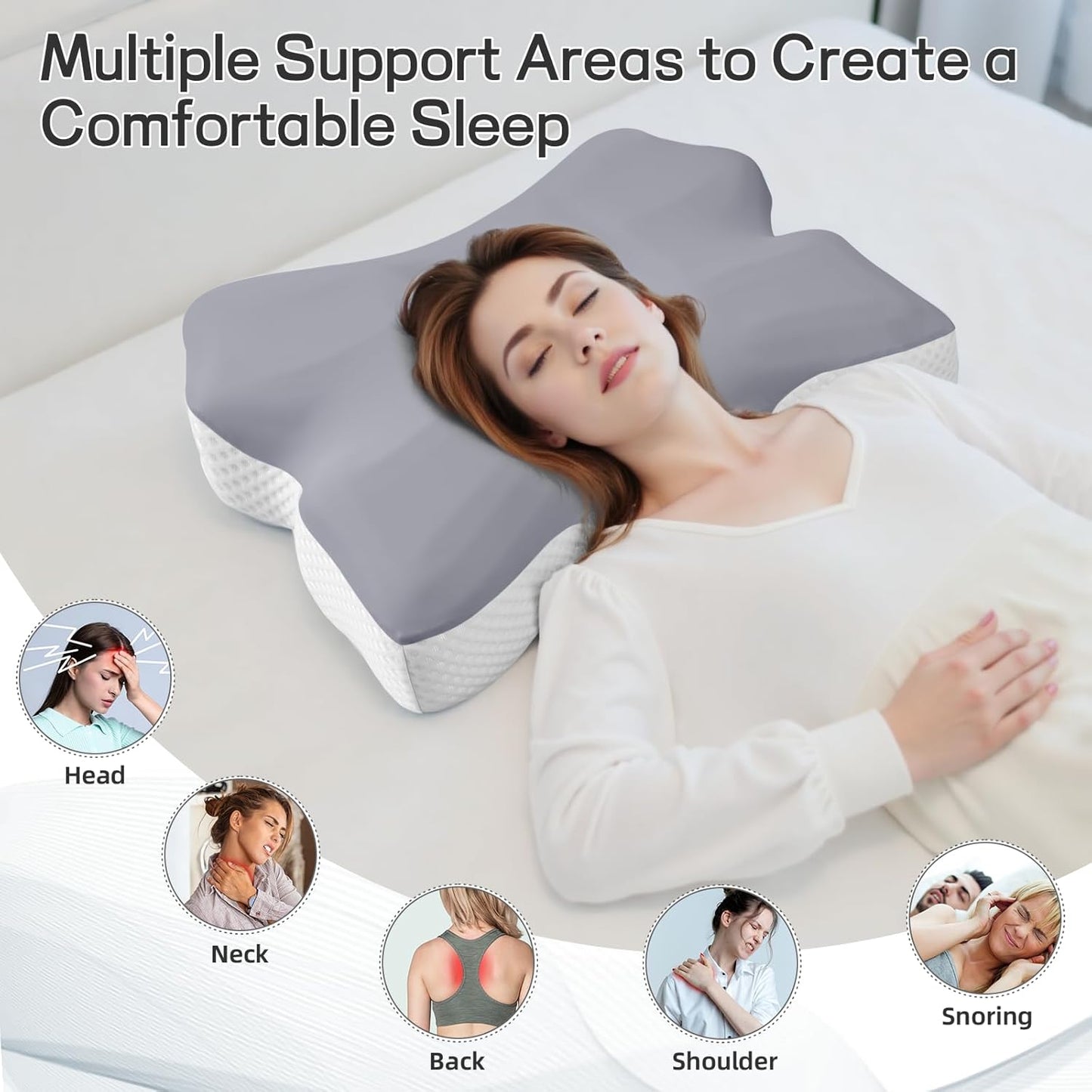 Cervical Neck Pillow for Pain Relief, Ergonomic Neck Support Pillow for Side Sleeper, Contour Memory Foam Pillows with Cooling Pillowcase Orthopedic Bed Pillow for Back Stomach Sleepers, Grey