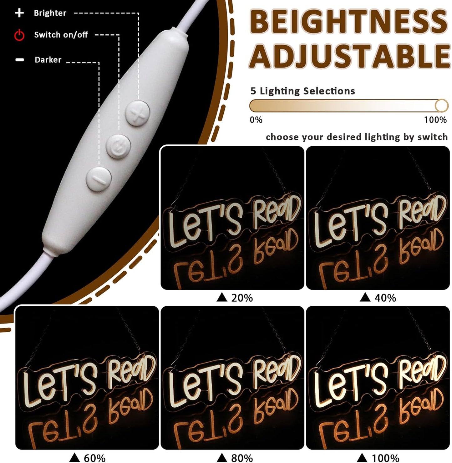 Let's Read Neon Sign for Wall Decor, Reading Led Signs for Library, USB Dimmable Book Neon Lights for Classroom Reading Corner Bedroom Study Room Home Book Club Motivational Wall Art