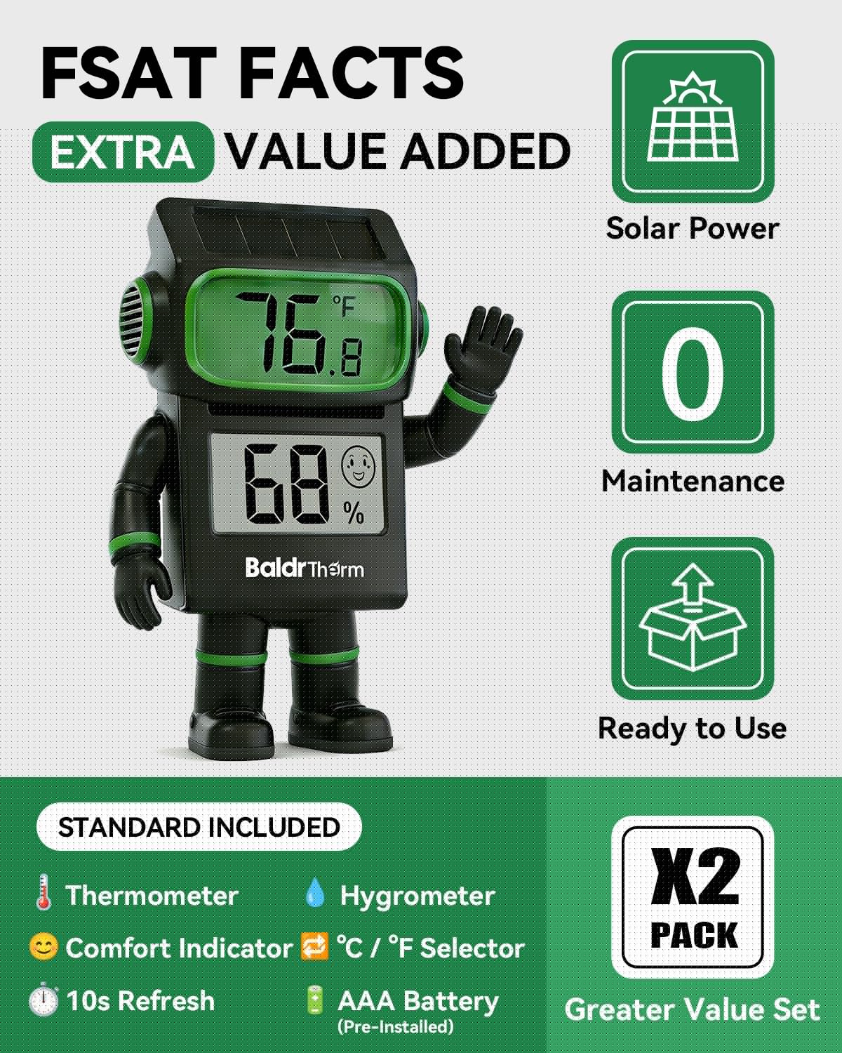 BALDR 2-Pack Digital Hygrometer Thermometer, Solar Power with Battery Backup Temperature and Humidity Monitor, Mini Room Thermometer with Comfort Indicator (Black)