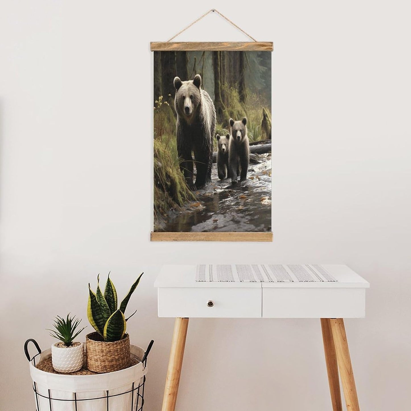Vintage Mother Bear And Her Cubs Poster with Wooden Frame Personalized Linen Hanging Scroll Painting Rustic Wall Hanging Illustrative Modern Artwork Decor for Home Living Room Bedroom Office