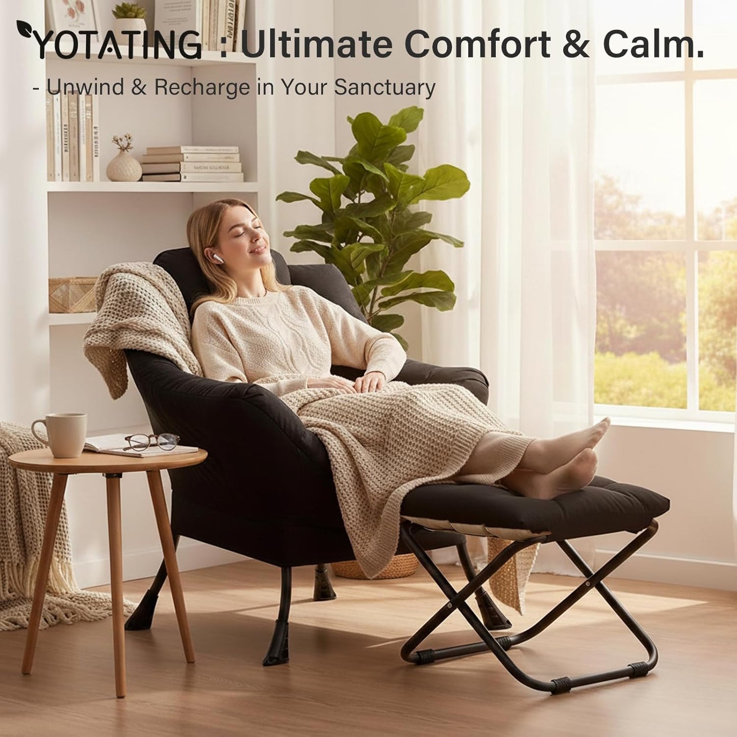 Lazy Chair with Ottoman, Modern Accent Leisure Sofa Chair with Footrest Stool & Throw Pillow, Modern Lounge Chair with Armrests for Living Room, Black