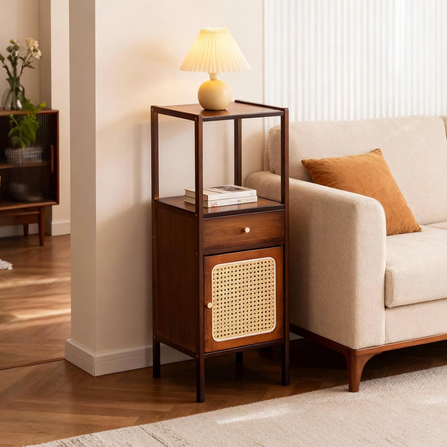 3-Tier Narrow Wood Bookcase with Rattan Door & Drawer — Mid-Century Modern, Walnut