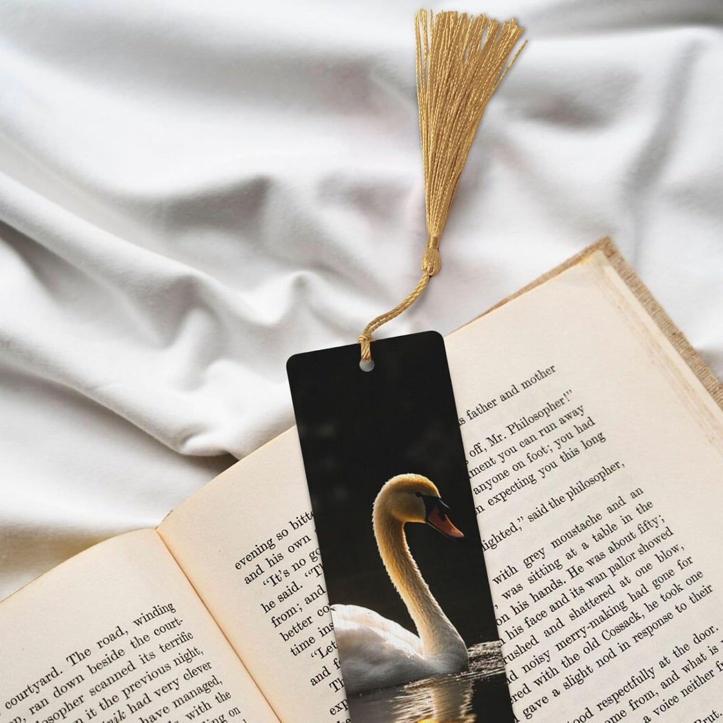 White Swan Swimming Bookmarks Gifts for Women Men, Wooden Bookmarks for Book Lovers, Vintage Book Marks Ornaments with Tassel, Unique Personalized Reading Page Markers Gold