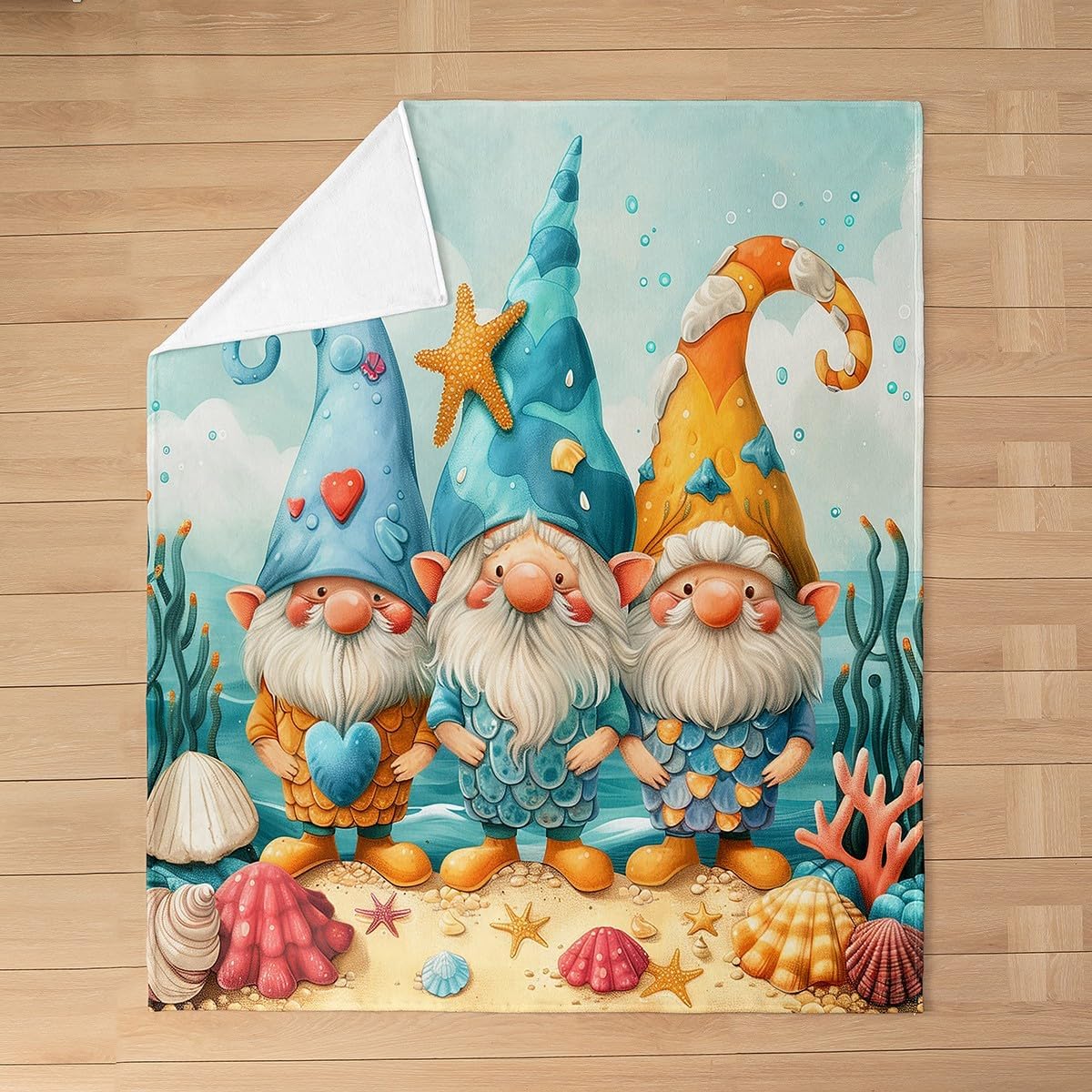 Erosebridal Summer Gnome Fleece Throw Blanket 40x50, Coastal Beach Gnomes Soft Flannel Blanket for Kids Boys Girls, Starfish Sea Shell for Sofa Bed Couch, Sea Ocean Theme Room Decor All Seasons