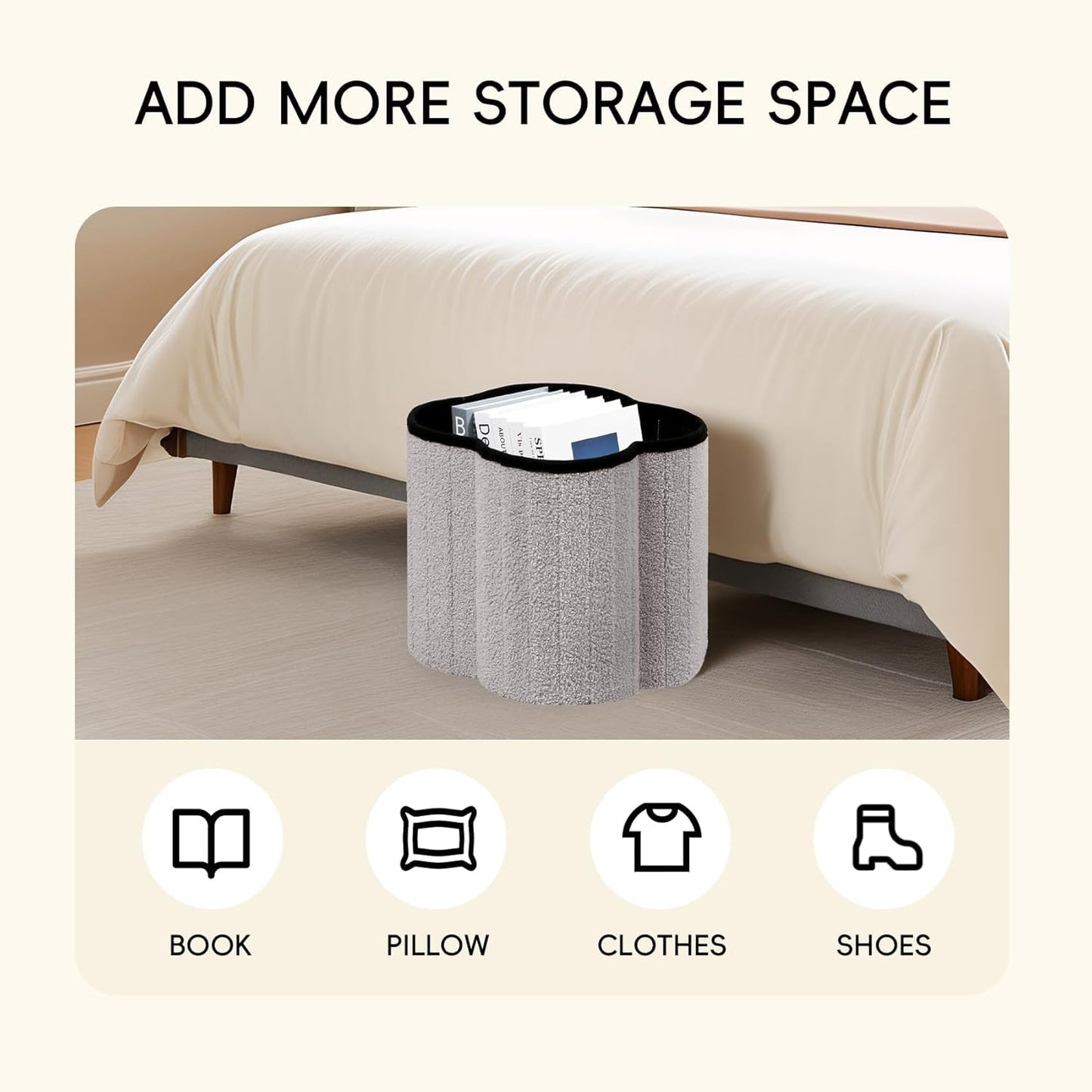 PINPLUS Floral Storage Ottoman Cube Boucle Footrest Stool with Lid, Multi-Functional Cube Seat for Living Room, Dorm & Bedroom – Grey 12.6"x12.6"x12.6"
