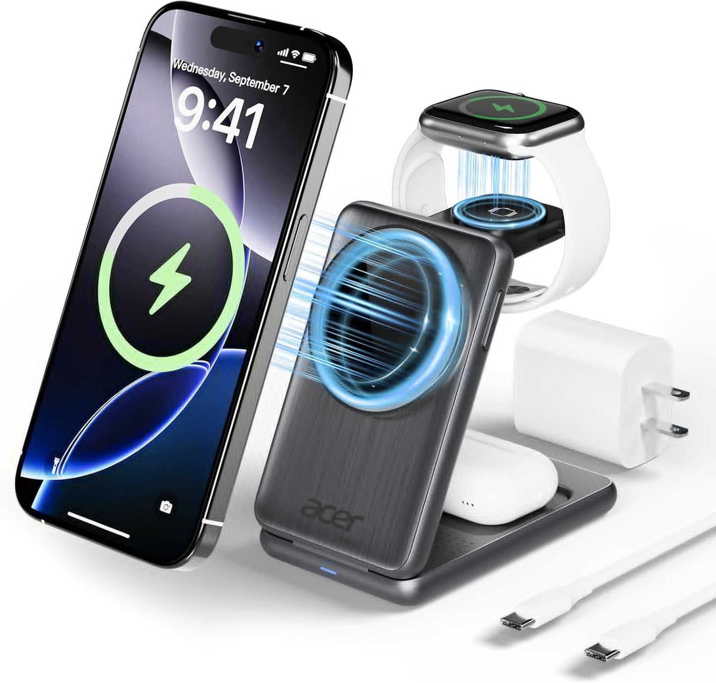 Acer 3 in 1 Charging Station for iPhone, Wireless Charger Stand,15W Fast MagSafe Charger for iPhone 17 16 15 14 13 12 Series-Apple Watch 11 10 9 8 7 6 5 4 3 2 SE and Ultra Series-Airpods 4 3 2 Pro