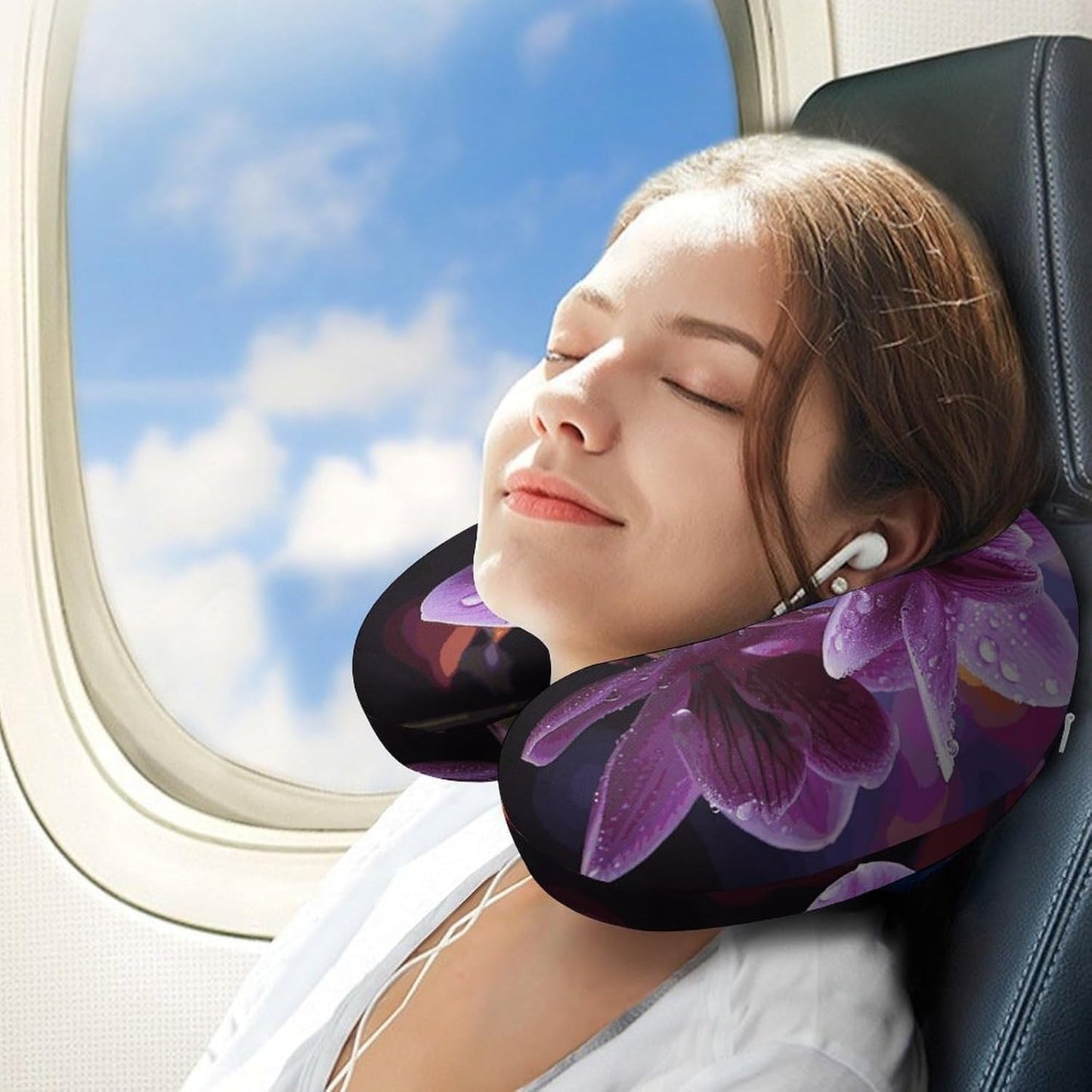 Purple Flower Neck Pillow Memory Foam U Shaped Pillows Portable Pillows for Shoulder Travel Head Support Pillow with Concealed Zipper for Airplane Car Home Office