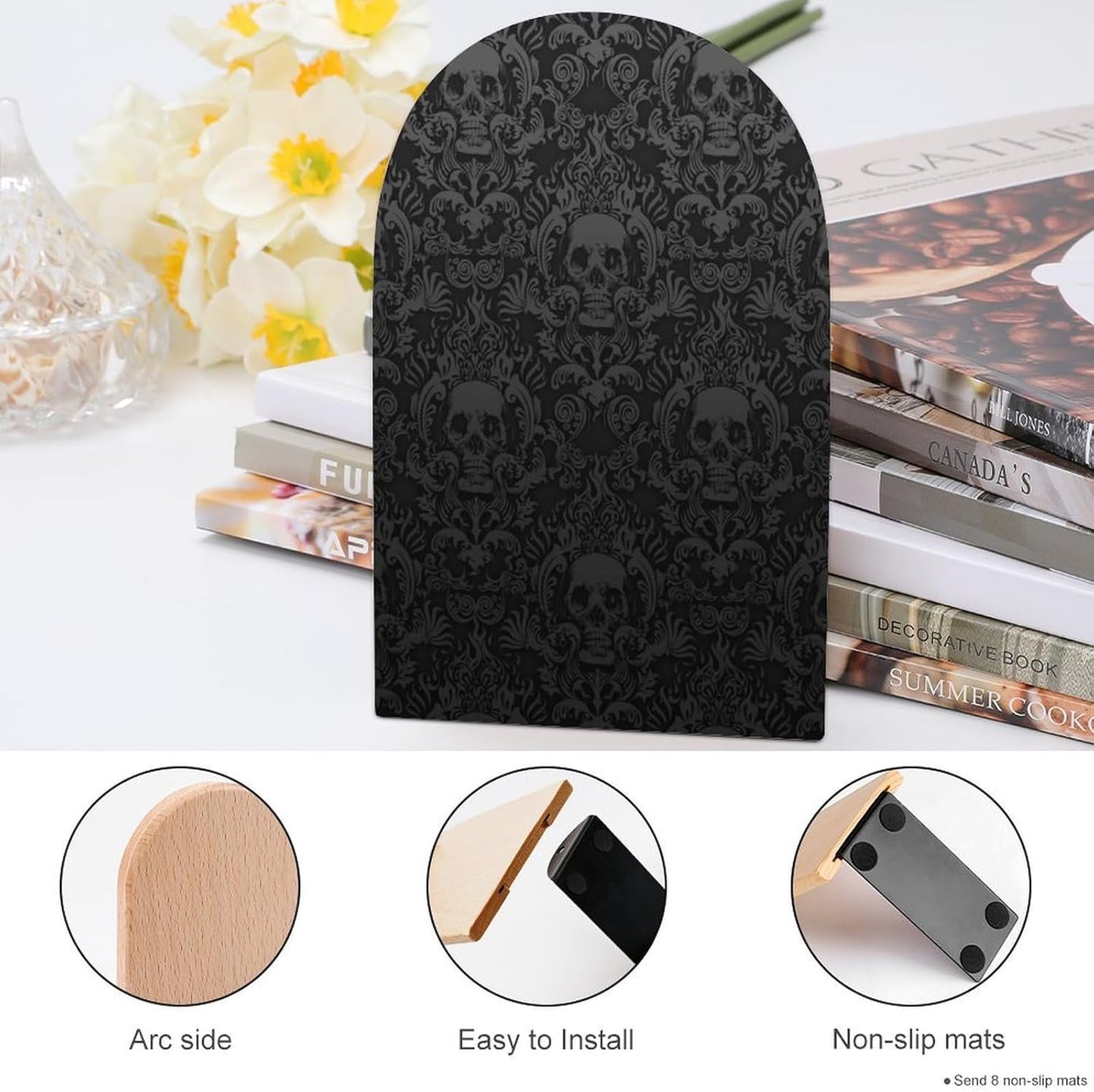 Gothic-Wallpaper-for-Walls-Skull-Damask Wooden Bookend Non-Slip Book Ends Heavy Duty Book Stopper with Metal Base Books Holderd Decorative Bookends Stands Firmly for Office Supplies
