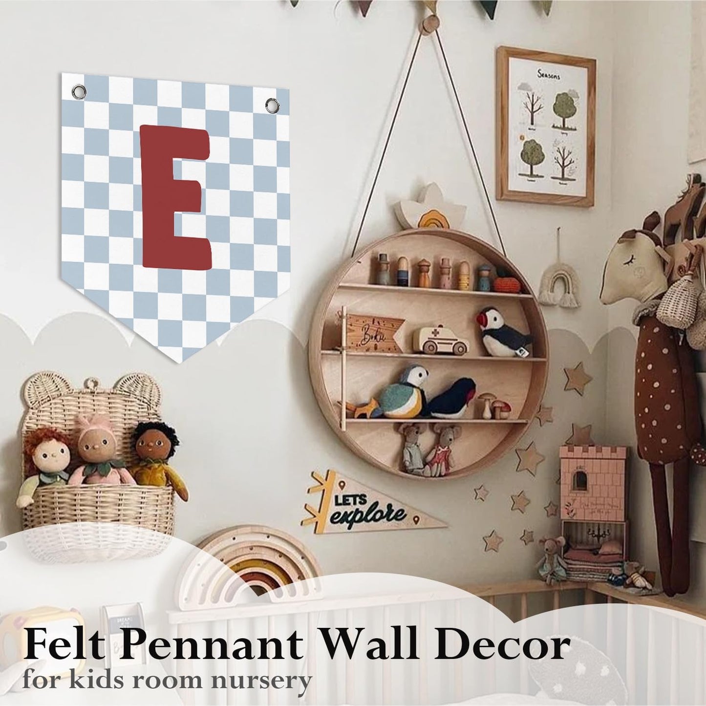 Custom Name Sign Playroom Bedroom Wall Decor Felt Pennant Flag, Kids Room Nursery Wall Art, Name Sign Hanging Decorations for Nursery Toddler Kids Room Decor, Letter E 12x14 Inch