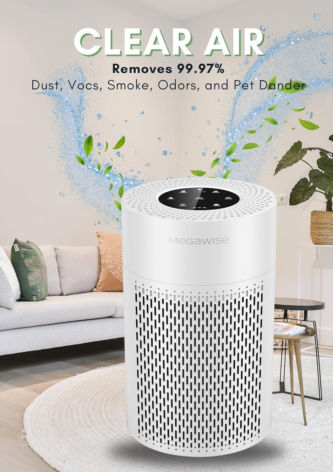 MEGAWISE 2025 Updated Version Smart Air Purifier for Home Large Room up to 1076ft², H13 True HEPA Filter with Smart Air Quality Sensor, Sleep Mode, Quiet for Smoke, Pets Hair, Odors, White