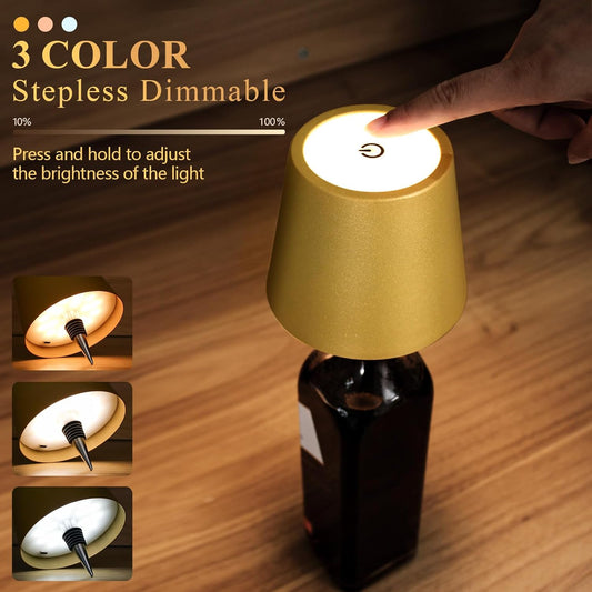 2 Pack Wine Bottle Lamps, 2026 New 3 Color Rechargeable Wireless Bottle Lamps, Bottle Lamp Kit for Liquor Bottles with Touch Dimming for Parties, Restaurants & Home Decor (‌Golden)