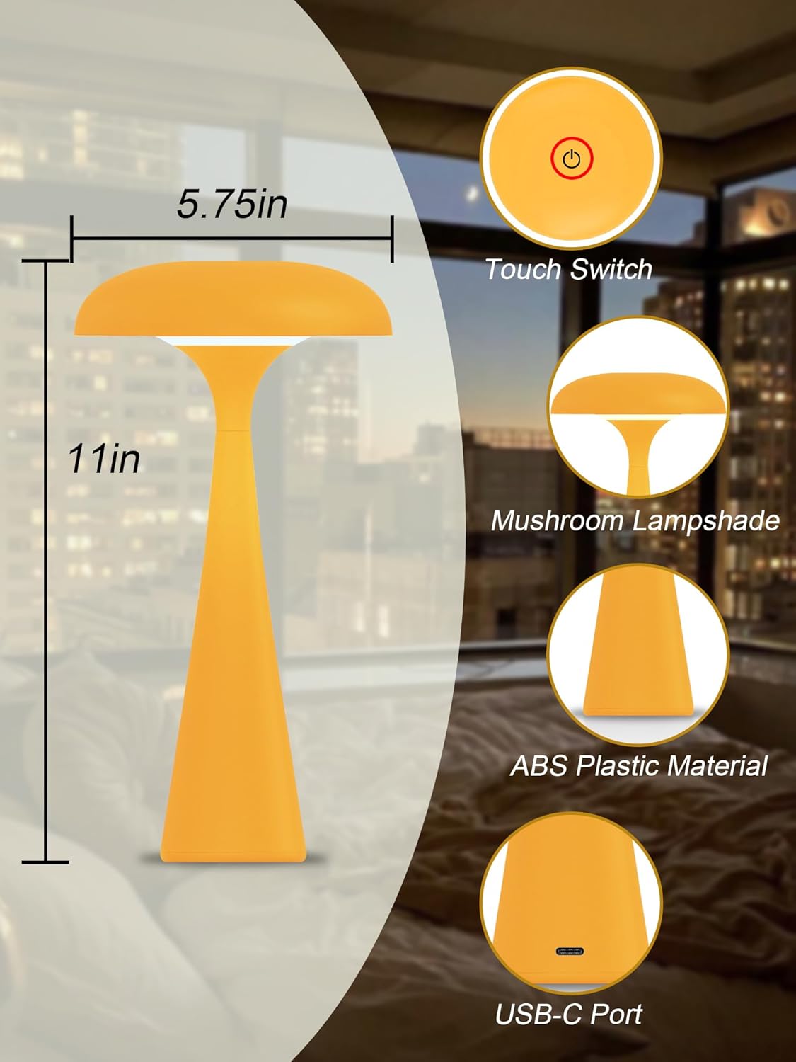 Cordless Table Lamp,Touch LED Reading Light,Cute Desk Lamp with 3 Colors Dimmable,Rechargeable Small Mushroom Lamp,Vintage Aesthetic Lamp for Bedroom Living Room Dorm Decor(Yellow)