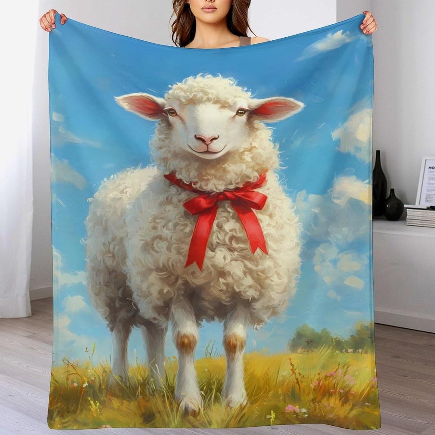 Sheep on A Grassy Field Throw Blanket for Couch Bed Plush Cozy Fuzzy Flannel Blanket for All Season 66"x90"