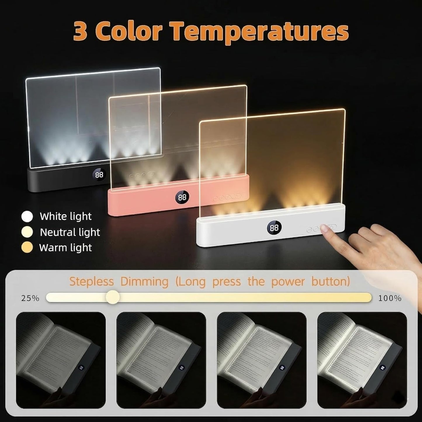 Book Light for Night Reading, Rechargeable Flat Page Light with Even Illumination & Eye-Friendly Dimming, Protective Scratch-Free Pouch Included, Portable Lamp for Bed, Airplane & Travel (white)