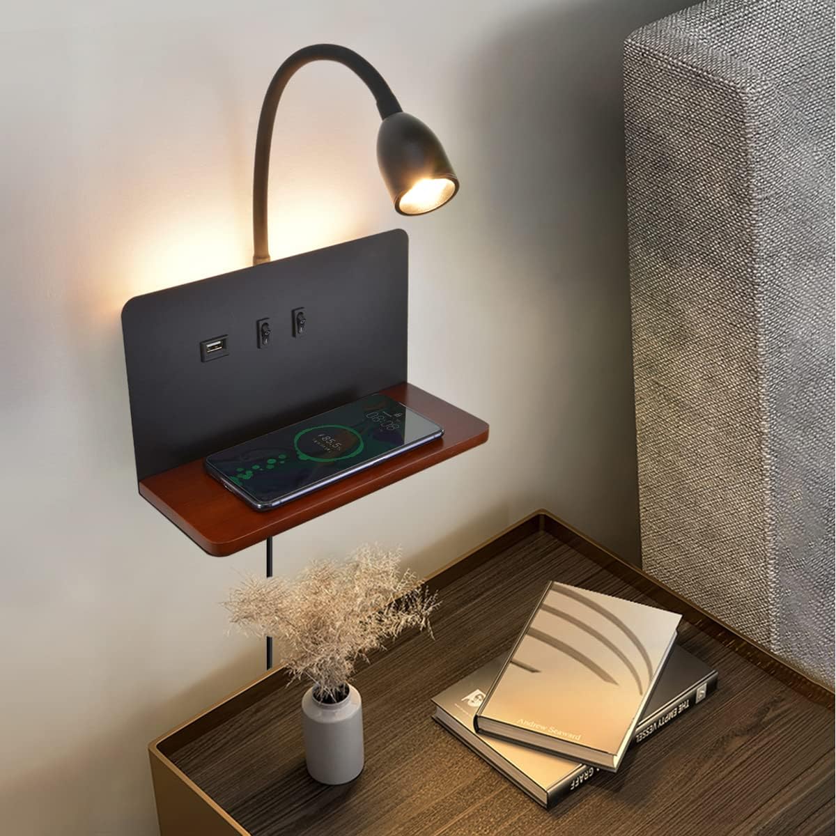 Bedside Wall Sconces with Wireless Charging Station & USB Charging, 3 Adjustable Color Temperatures LED Reading Lamp, 3000K Warm Ambient Lighting Wall Mounted Sconce for Bedroom, Plug-in or Hardwired