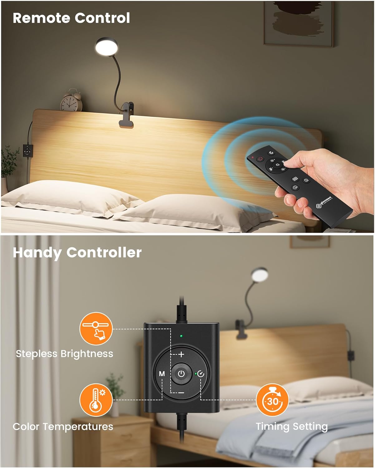 Glocusent 5W Reading Light for Bed, 36 LED Eye Caring Bed Lamp, 3 Colors & 5 Brightness Levels for Headboard with Adapter, Perfect Clip on Light for Reading, Working & Studying (Black with Remote)