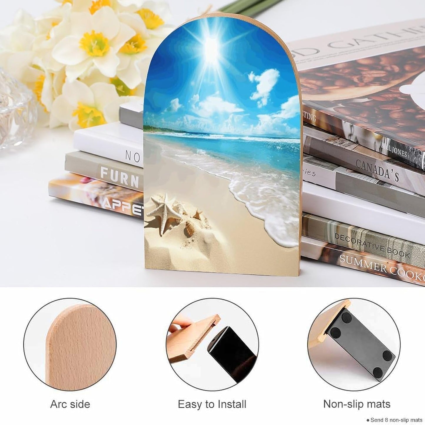 Bright Sunshine Summer Beach Bookends 1 Pair Heavy Duty Book Ends for Shelves Non-Skid Bookend Supports Wooden Book Holders with Metal Base Desk Organizers Books Storage to Hold Books