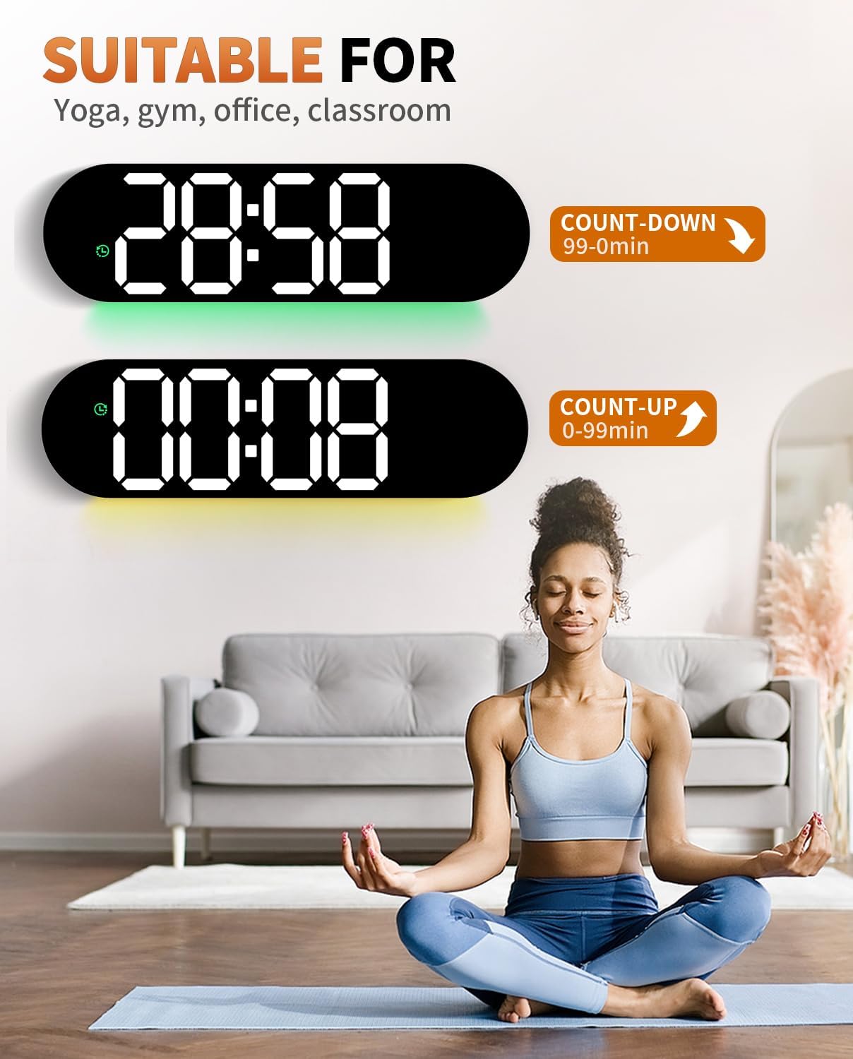 17.2 Inch Large Digital Wall Clock with 9 Color Changing Remote Control, Date Week Temperature, Auto Brightness Dimmer Big Clock Night Lights,Green