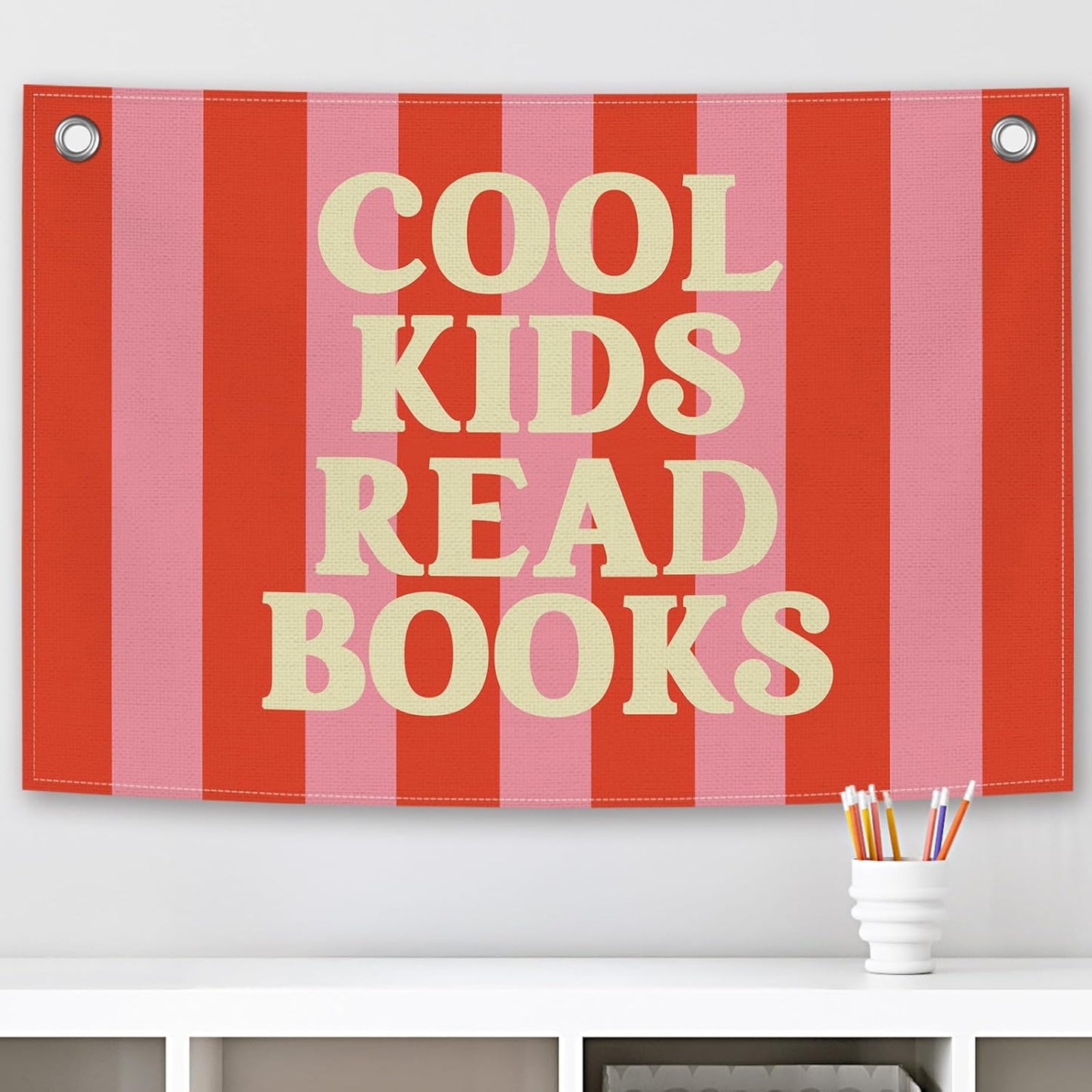 Reading Classroom Kids Banner Canvas, Cool Kids Read Books Decor,Retro Red Pink Library Hanging Flag Sign,Nursery Wall Tapestry Art for Dorm Toddler Room School Reading Corner Bedroom 20x30in