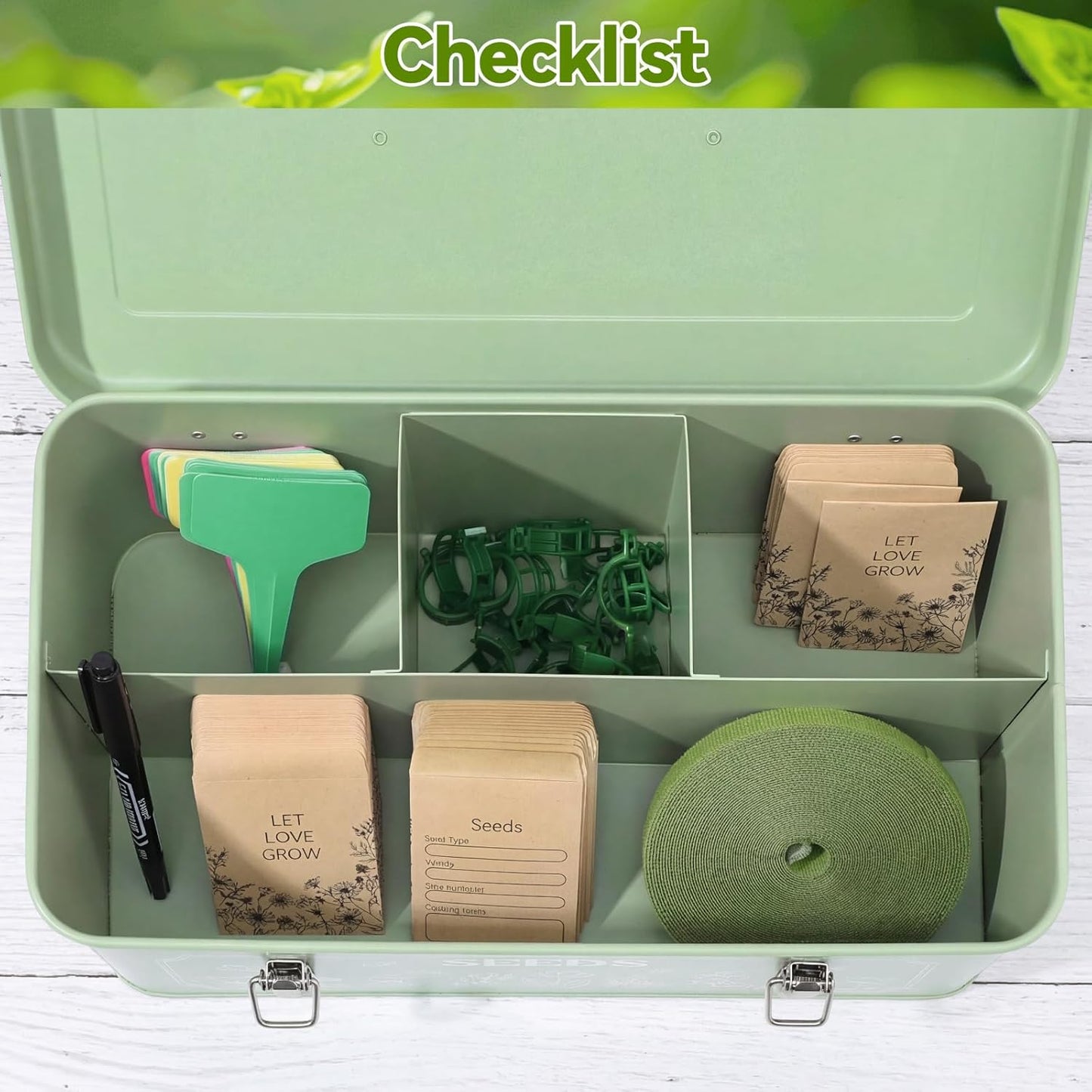 Pimoys Seed Storage Organizer, Metal Seed Saving Box with Lid, Seed Bank Container with 50 Labels 50 Envelopes 20 Plant Clips 32.8Ft Plant Tie, 4 Compartments Box Garden Seed Bin with Safety Locks
