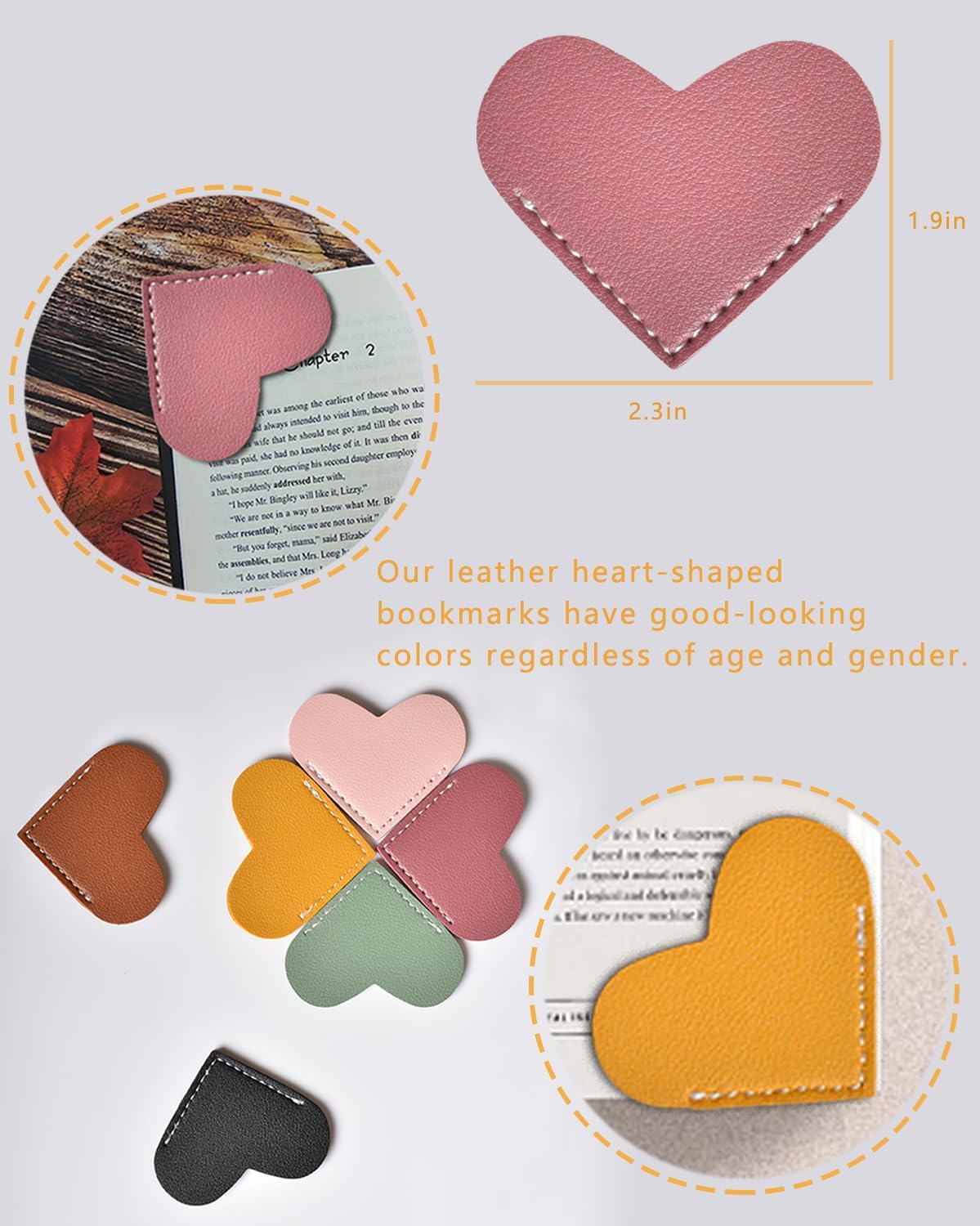 Leather Heart Bookmarks,Book Accessories,Bookmarks for Women,Cute Corner Page Book Marks for Kids,Students Stationary,School,Office Supplies,Teacher Gifts(6pcs)