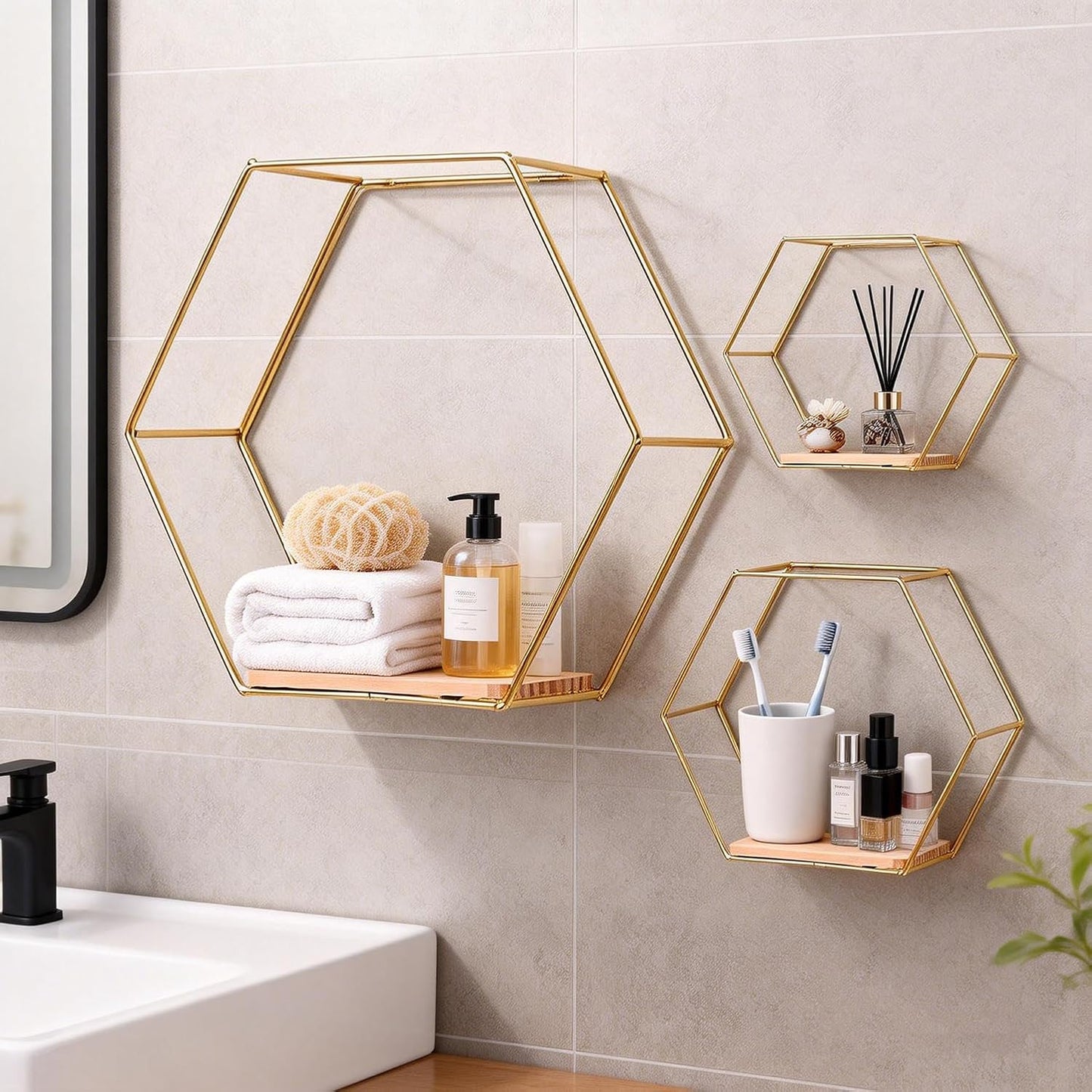 3 Pieces Hexagon Floating Shelves, Hexagon Wall Shelves, Gold Metal Wall Shelves with Wooden Panels – Modern Wall Decor for Bedroom, Living Room & Office Storage (Gold)