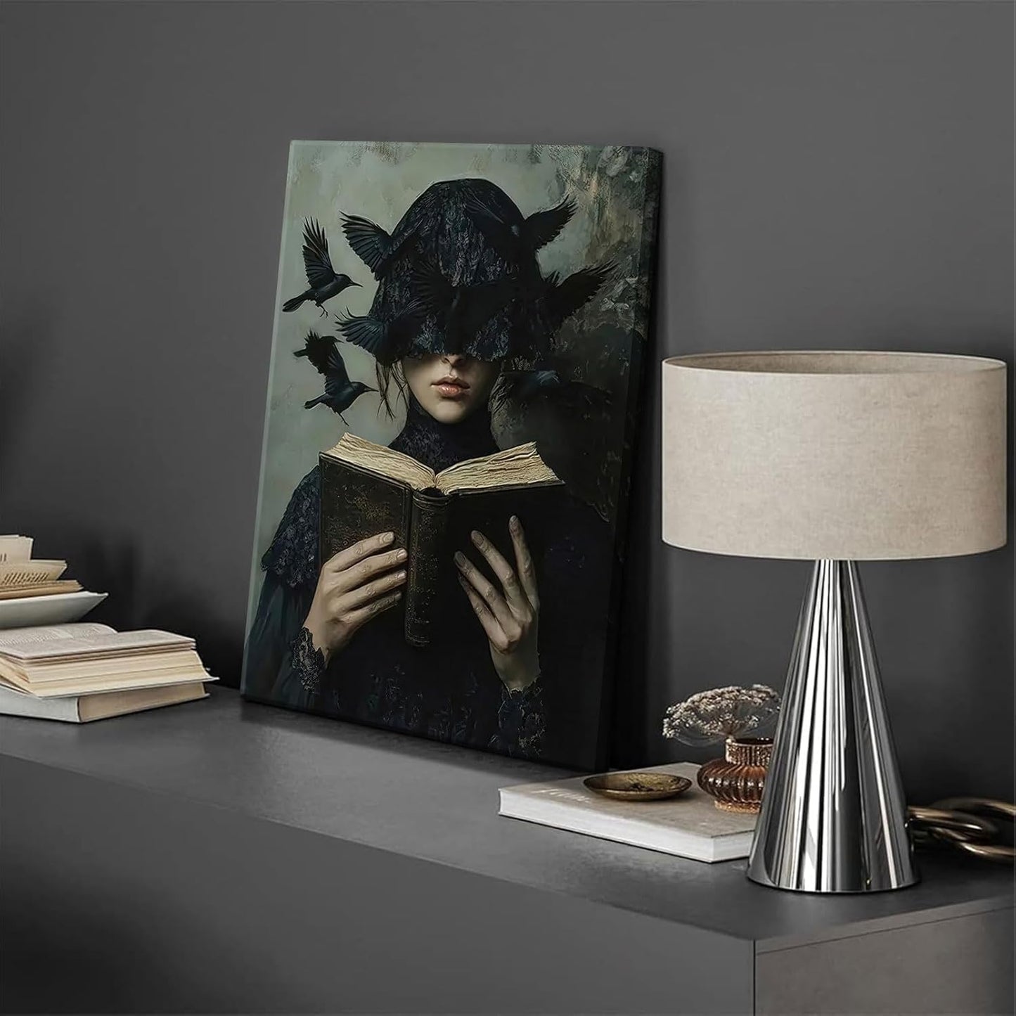 Dark Academia Canvas Wall Art Gothic Victorian Woman Reading Book Wall Decor Picture Moody Dark Crow Aesthetic Poster Print for Gallery Living Room Bedroom Home Decoration 12x16in