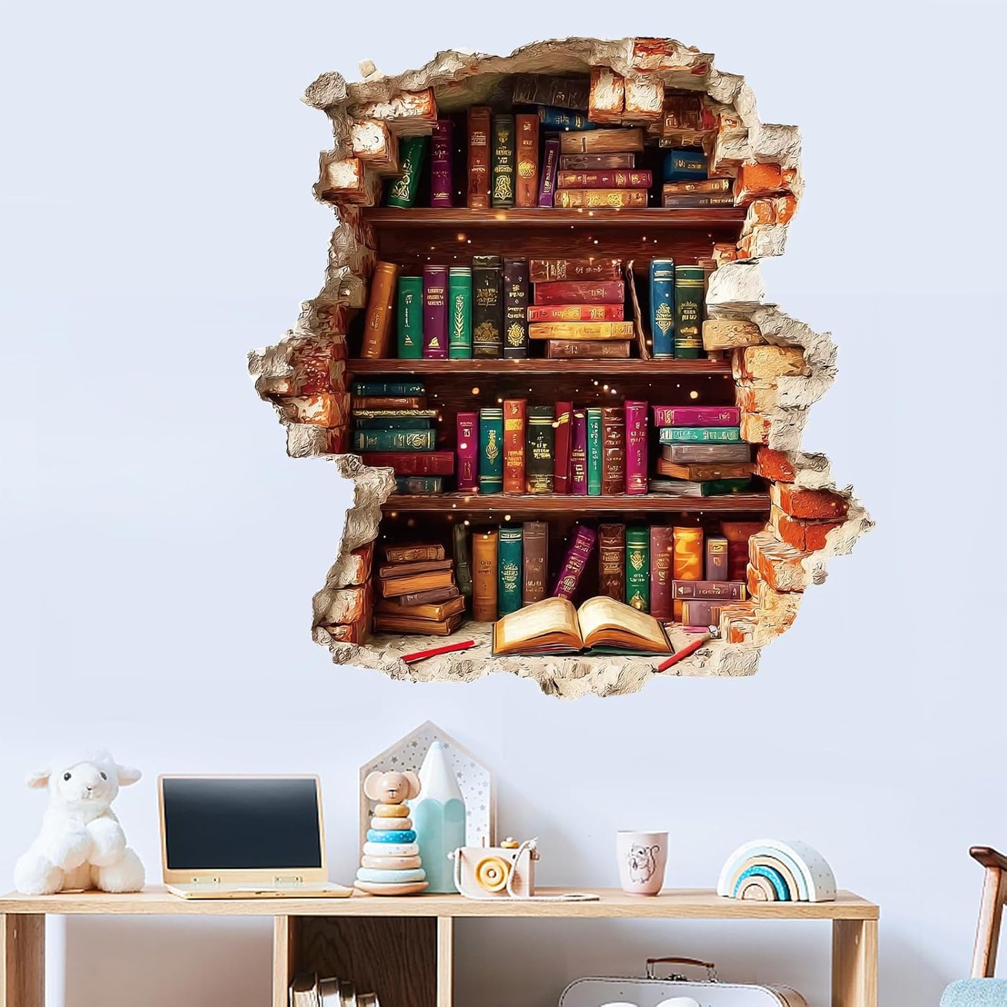 PLIGREAT Vintage Book Break Through Wall Decals, 3D Broken Wall Stickers Removable Vinly Bookshelf Mural Stickers for Reading Room Bedroom Living Room Home DIY Decor, 2 Sheets