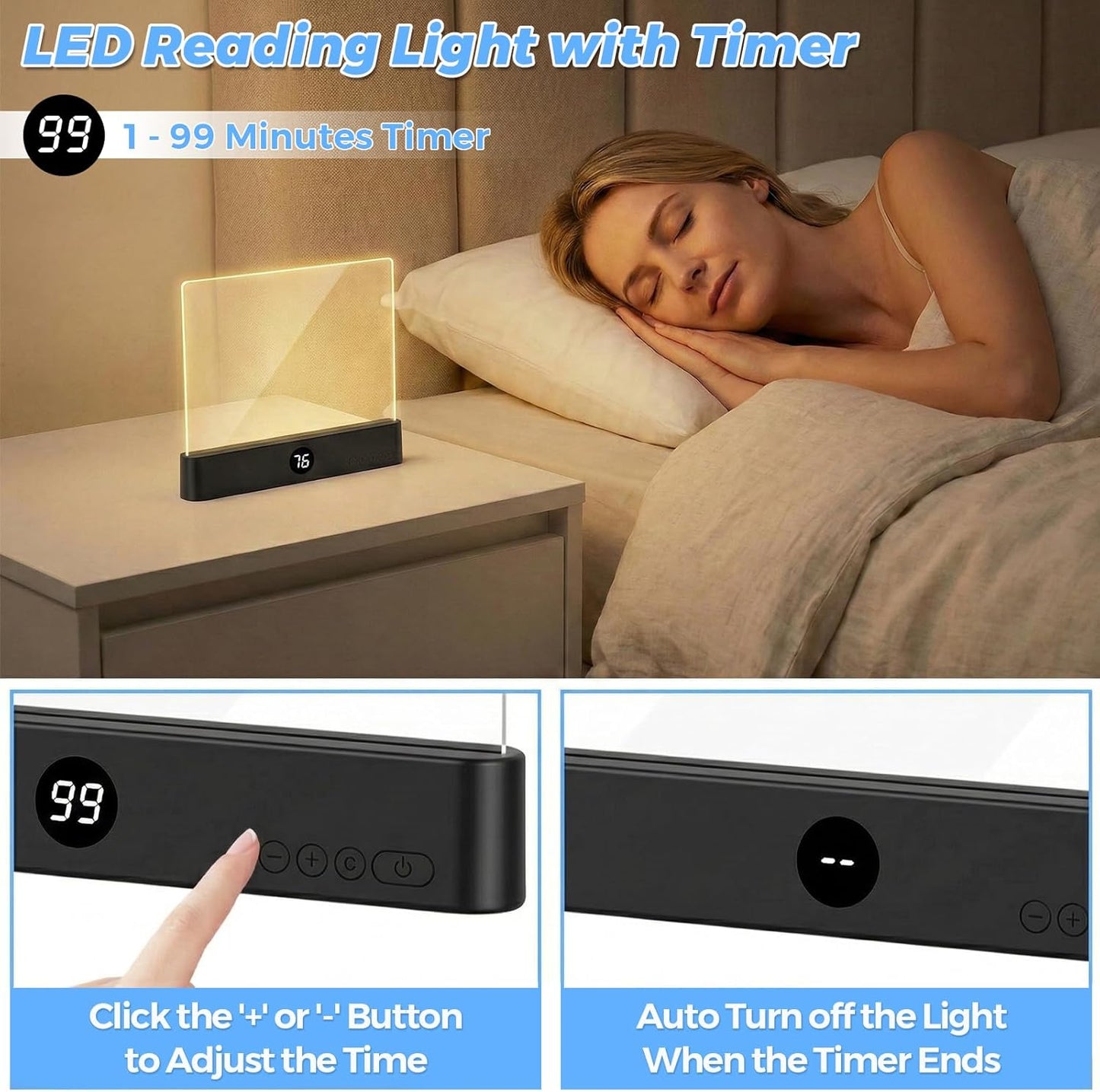 Book Light, Rechargeable Led Reading Light 3 Color Flat Book Lamp, Dimmable Panel Plate Lamp Book Full Page Light with Timer Stepless Gifts for Readers Women Men Reading in Bed at Night (Black)