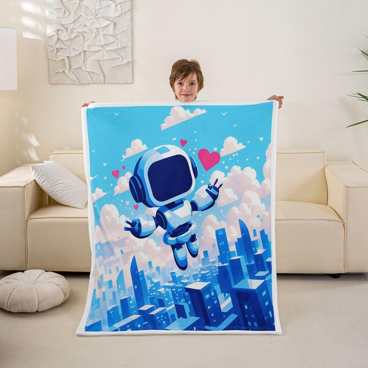 Erosebridal Blue Robot Blanket Throw,Cartoon Machine Robot Blankets and Throws for Kids Boys Girls Bedroom Decor,Science Themed Fleece Blanket Sci Fi Blanket 60"x80" for Bed Couch