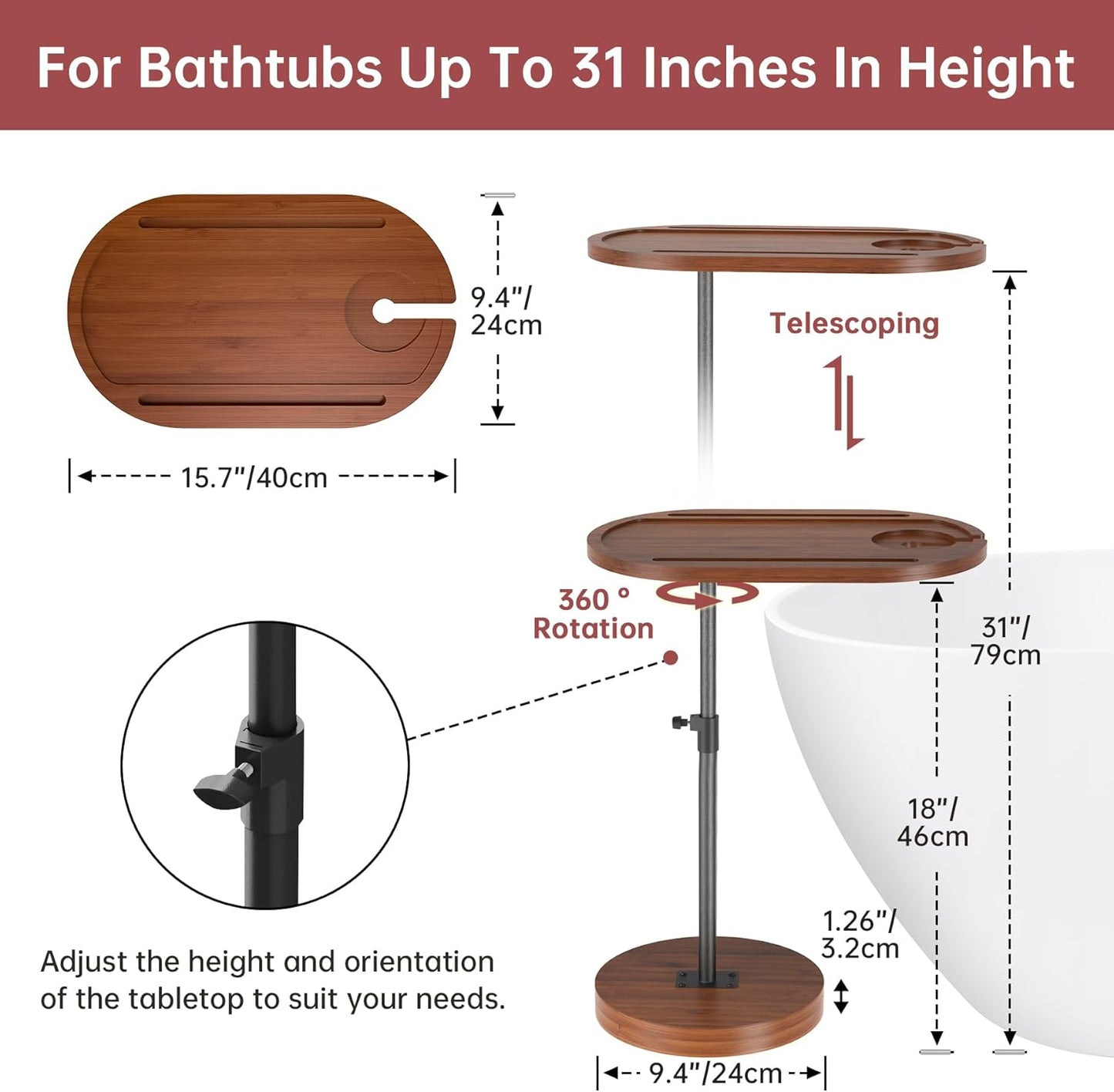 NiHome Bamboo Swivel Sofa Armrest Tray Table for Couch with Thickened Stable Base, Adjustable Height TV Tray Side Table with 360° Rotating for Bath Tub Hot Tub Bedside Balcony, Brown