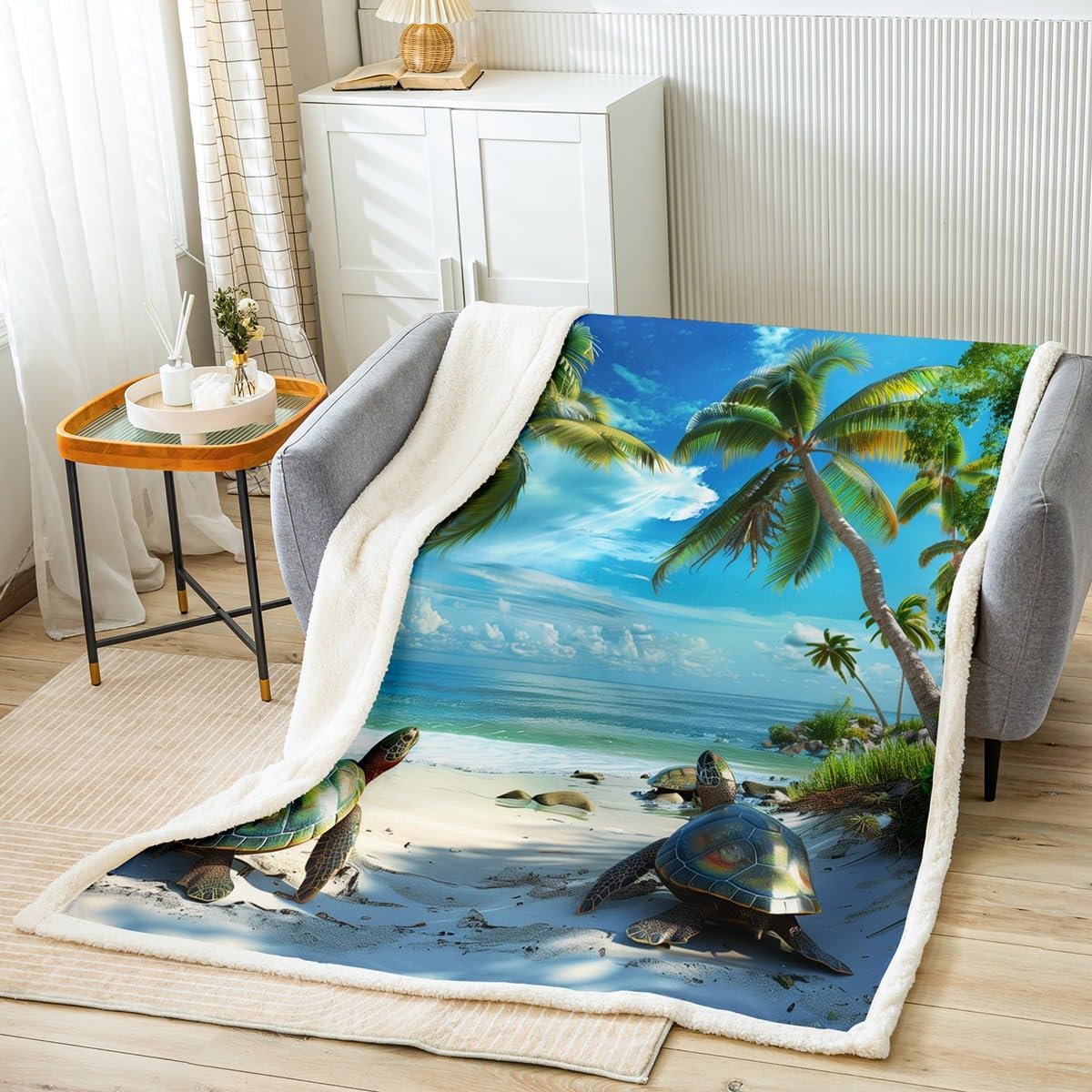 Erosebridal Sea Turtle Blanket for Kids Boys Girls Ocean Animal Throw Blanket 40x50,Tropical Hawaii Fleece Blanket Summer Beach Sherpa Blanket Green Palm Tree Fuzzy Blanket