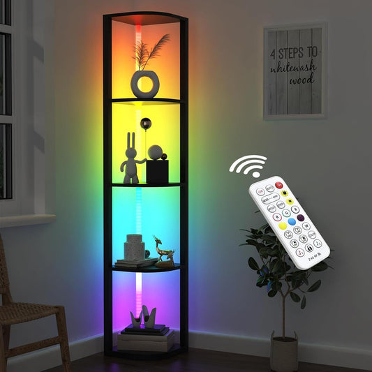 ROJASOP 5 Tiers Corner Shelf with Light Tall Display Shelf for Collectibles Control Multiple Color Lights via APP and Remote Control Floor Lamp with Shelf Supports Dimming for Living Room Bedroom Home