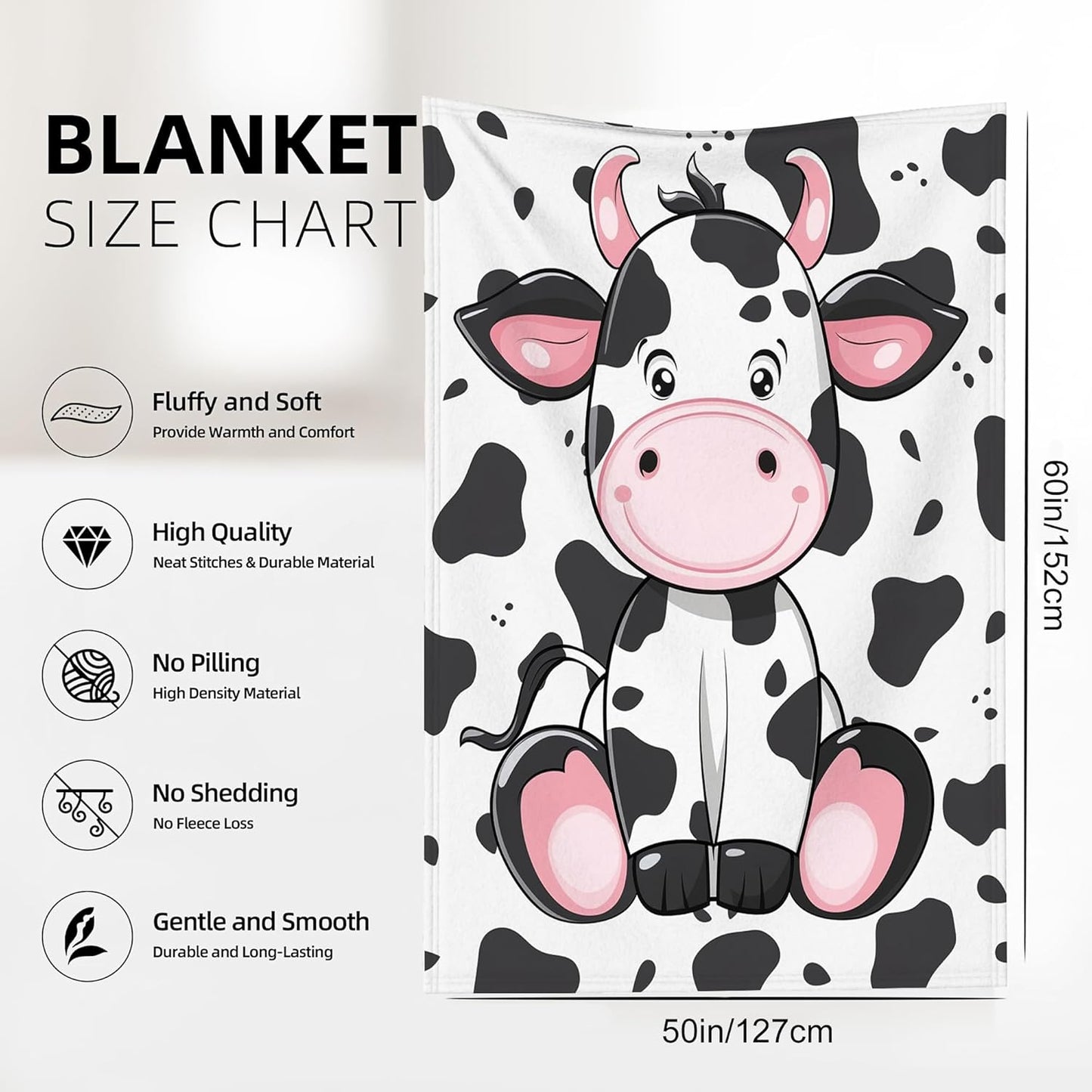 Cute Cow Throw Blanket, Cartoon Blanket Throw for Adults, Lightweight Soft Cozy Blanket for Couch Sofa Bed Room Decor 50x60 Inches
