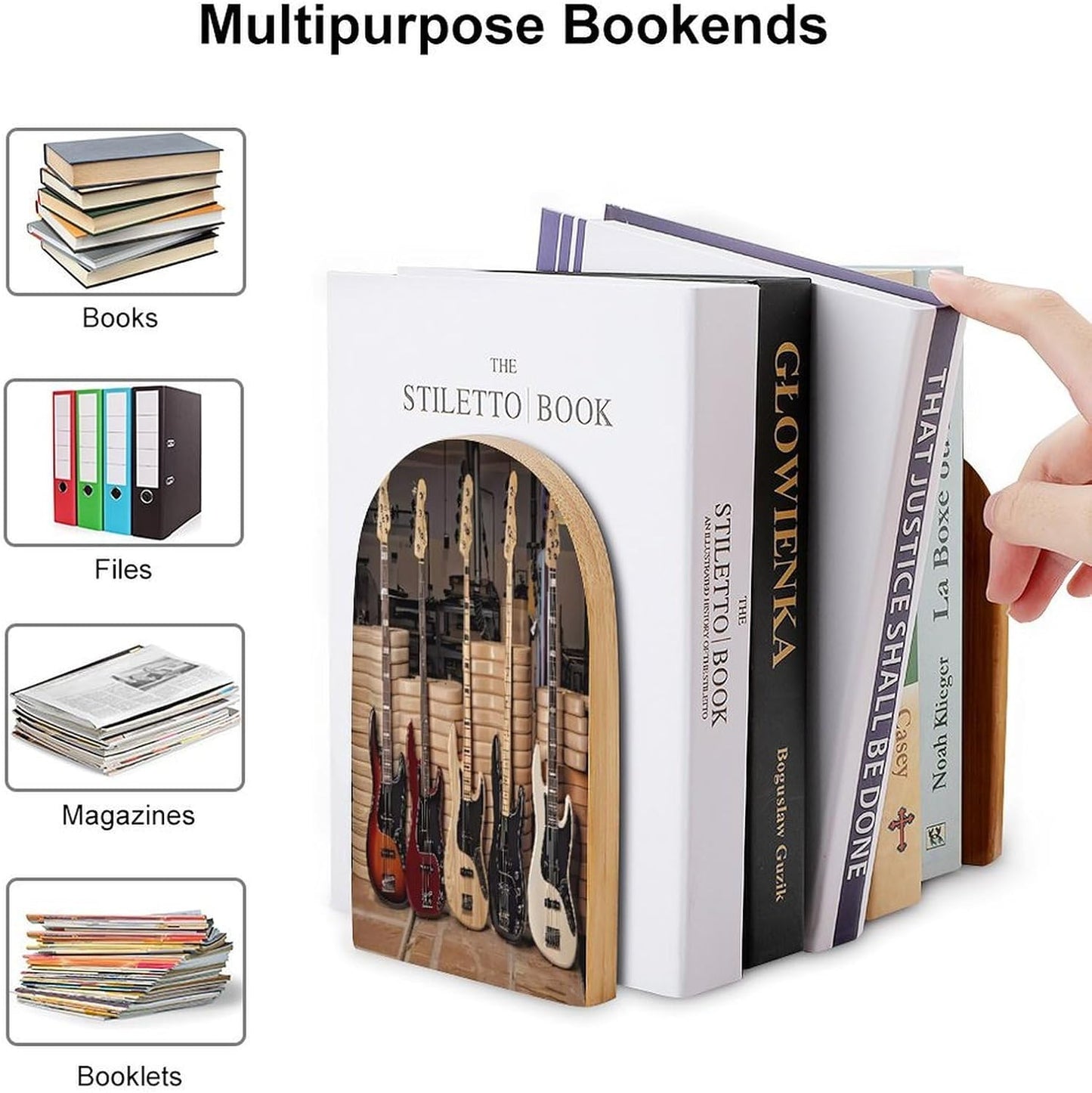 Guitar Bass Music Musical Instruments Wooden Bookend Non-Slip Book Ends Heavy Duty Book Stopper with Metal Base Books Holderd Decorative Bookends Stands Firmly for Office Supplies